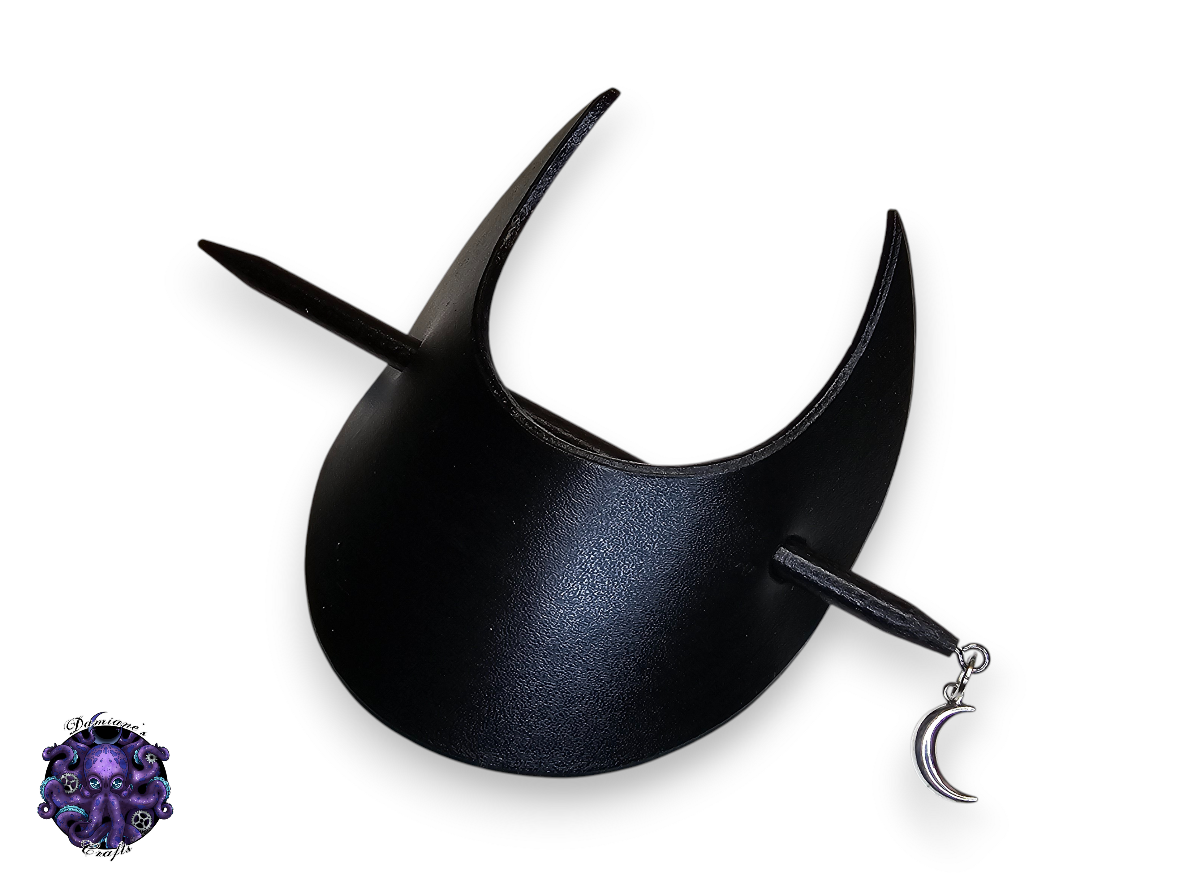 Real leather, Hair pin, wood stick, Crescent moon, medieval, witch, witchy