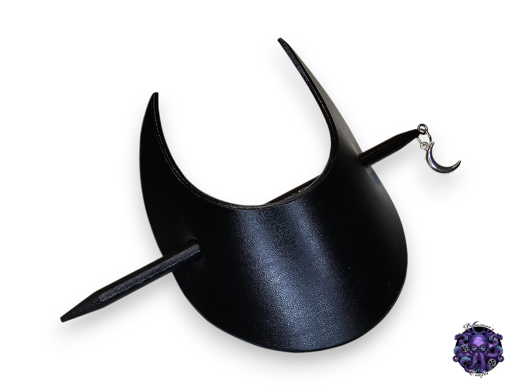 Real leather, Hair pin, wood stick, Crescent moon, medieval, witch, witchy