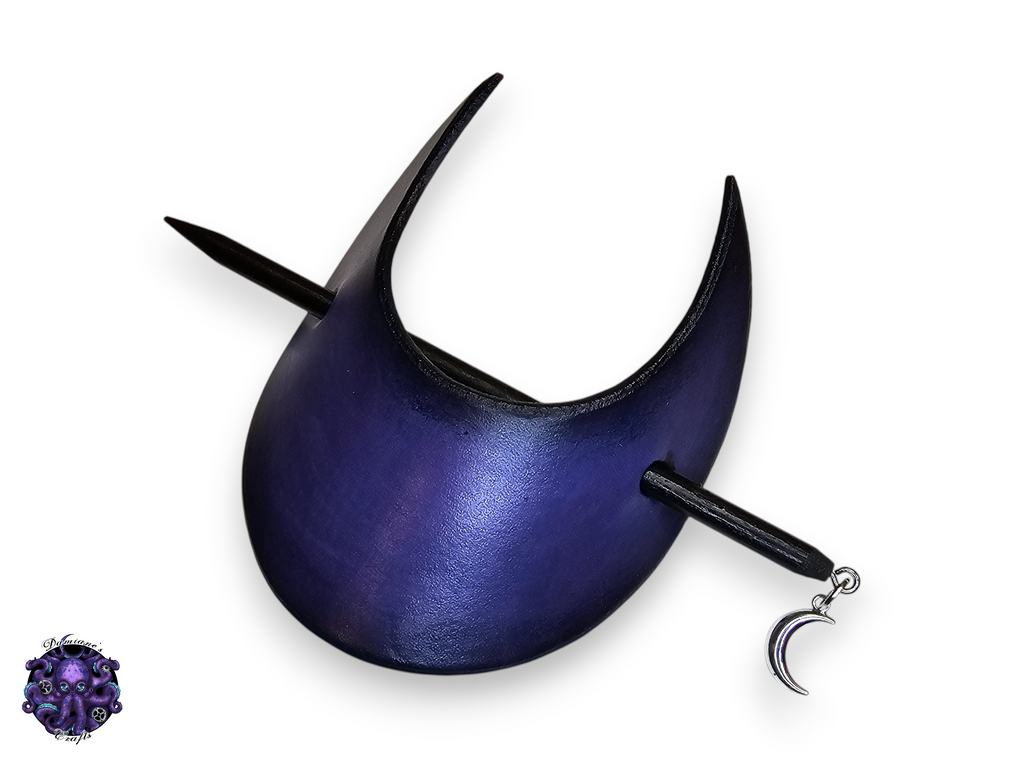 Real leather, Hair pin, wood stick, Crescent moon, medieval, witch, witchy