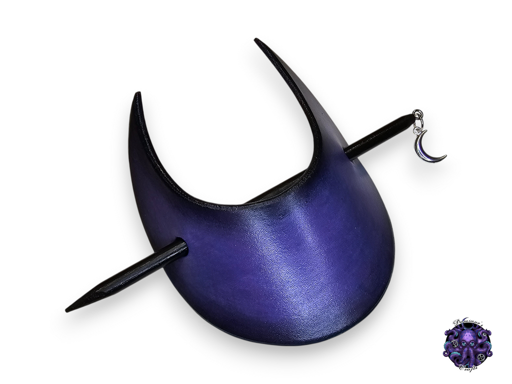Real leather, Hair pin, wood stick, Crescent moon, medieval, witch, witchy