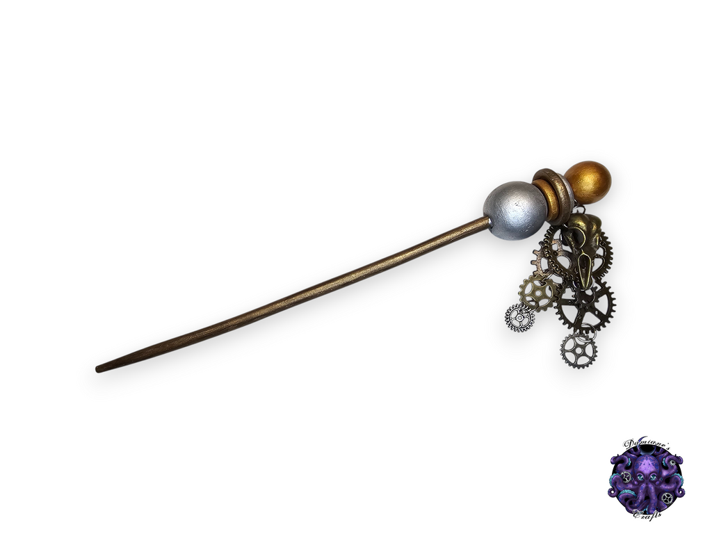 Wood hair stick, Silver, gold, Gears, Crow, Raven, Skull, steampunk, accessory