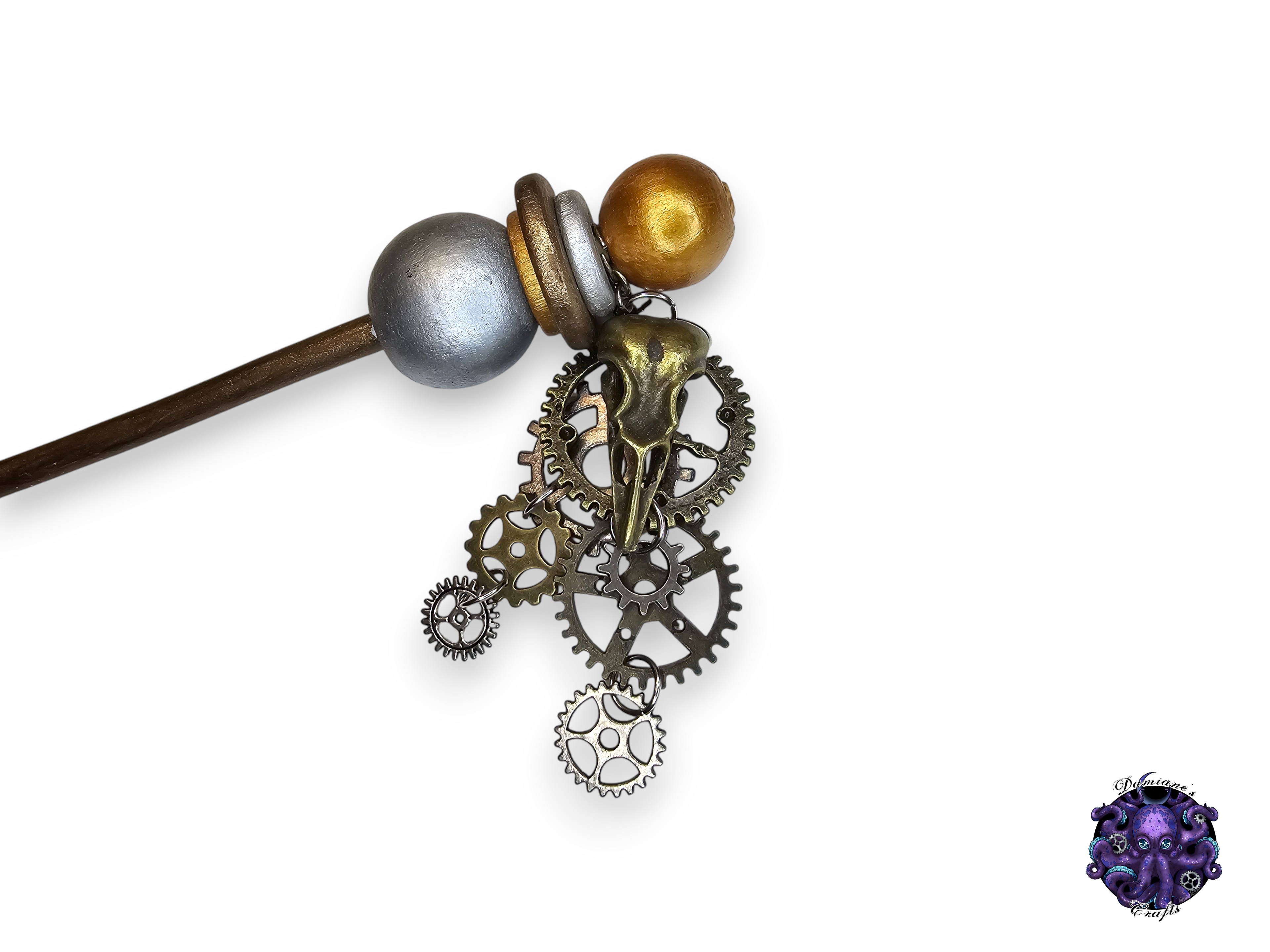 Wood hair stick, Silver, gold, Gears, Crow, Raven, Skull, steampunk, accessory