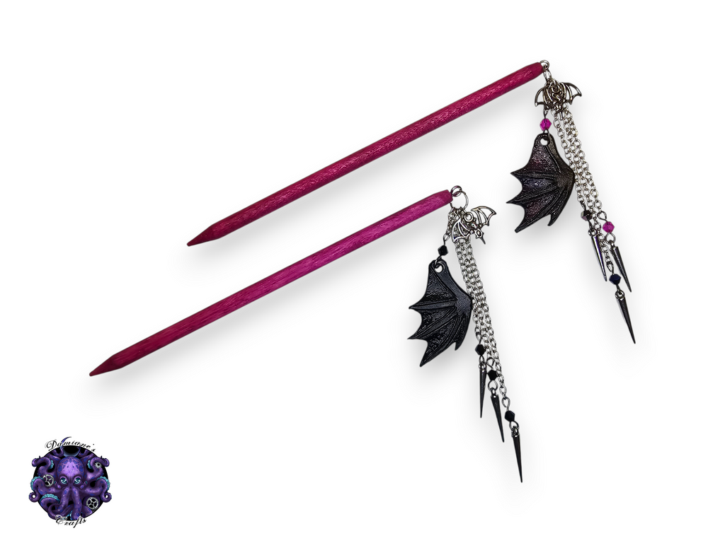Wood hair stick, Real leather, bat wing, spike, gothic, vampire, halloween, crystal
