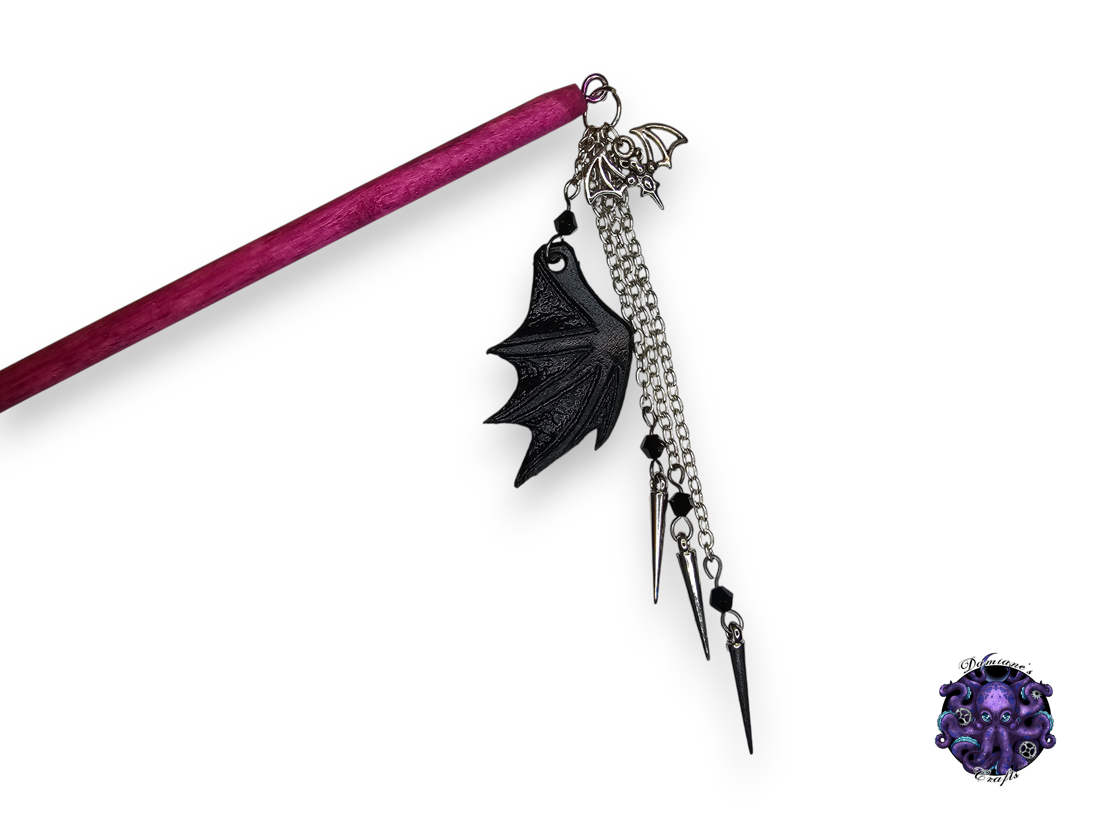 Wood hair stick, Real leather, bat wing, spike, gothic, vampire, halloween, crystal