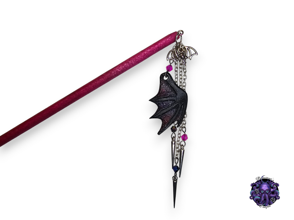 Wood hair stick, Real leather, bat wing, spike, gothic, vampire, halloween, crystal