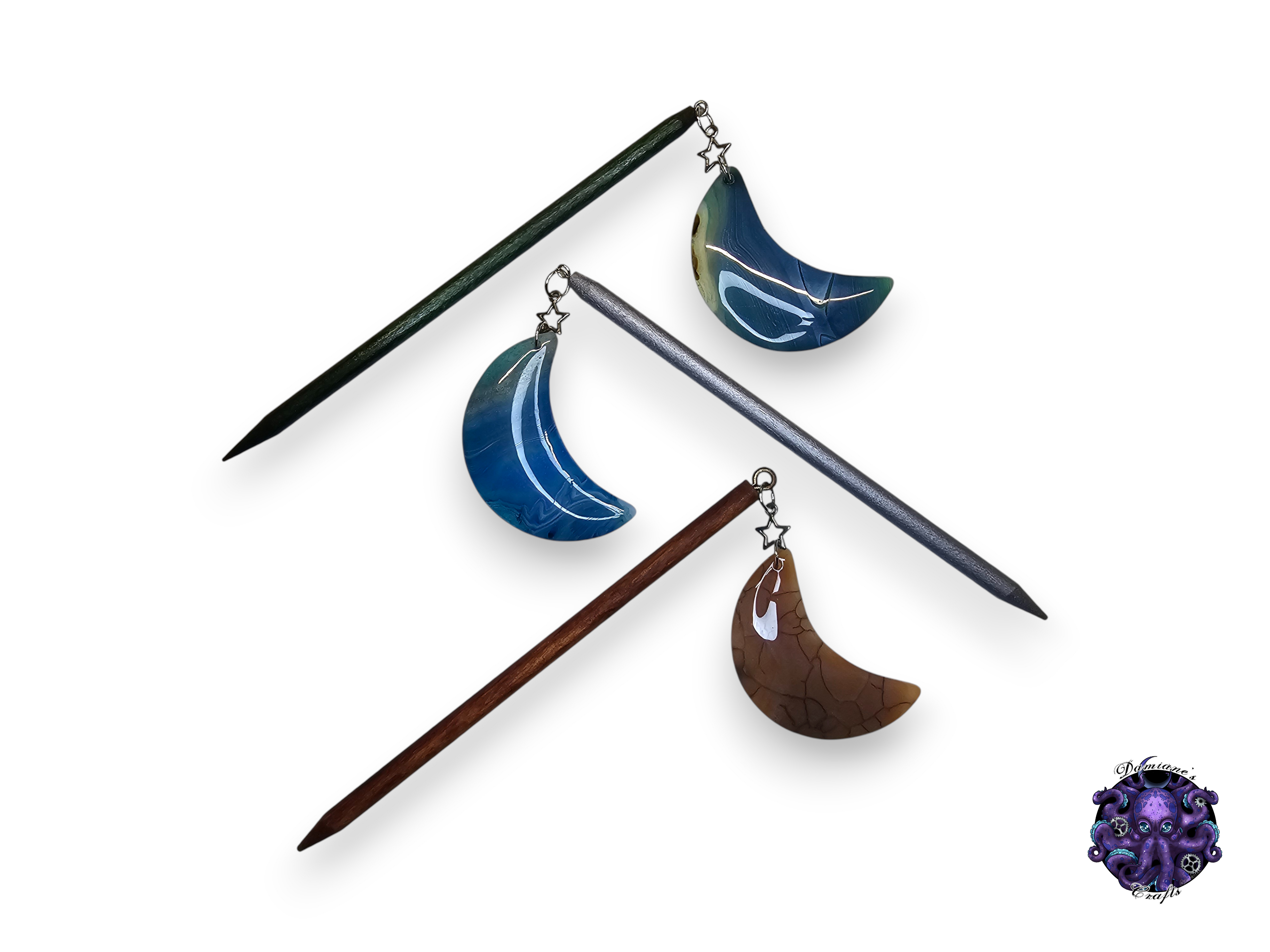 Wood hair stick, crescent moon, star, magic, witch, witch, cottagecore, fairycore, stone, mode accessory