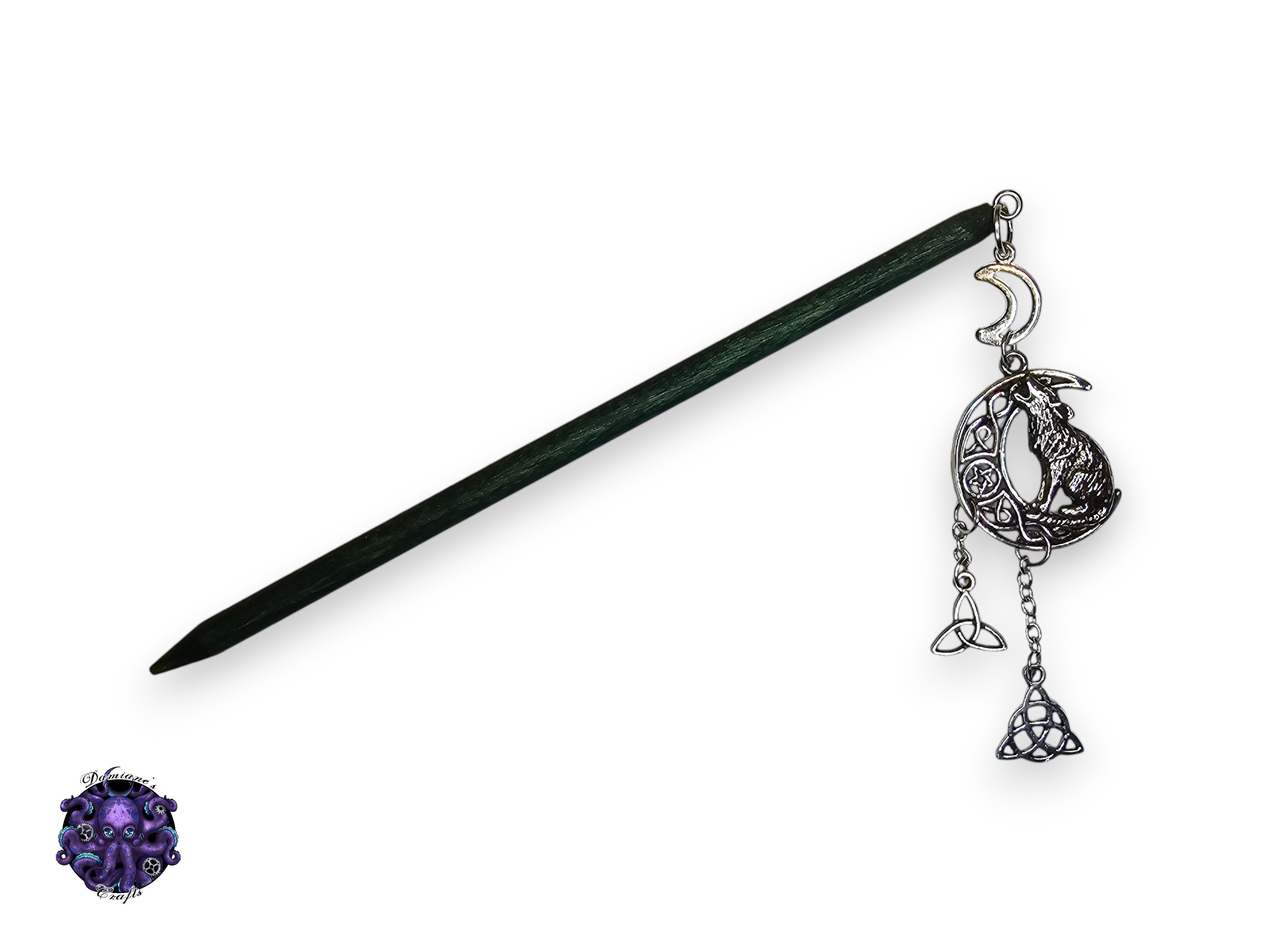 Wood hair stick, Wolf, Crescent moon, triketra, celtic, magic, witch, witch, cottagecore, fairycore, mode accessory