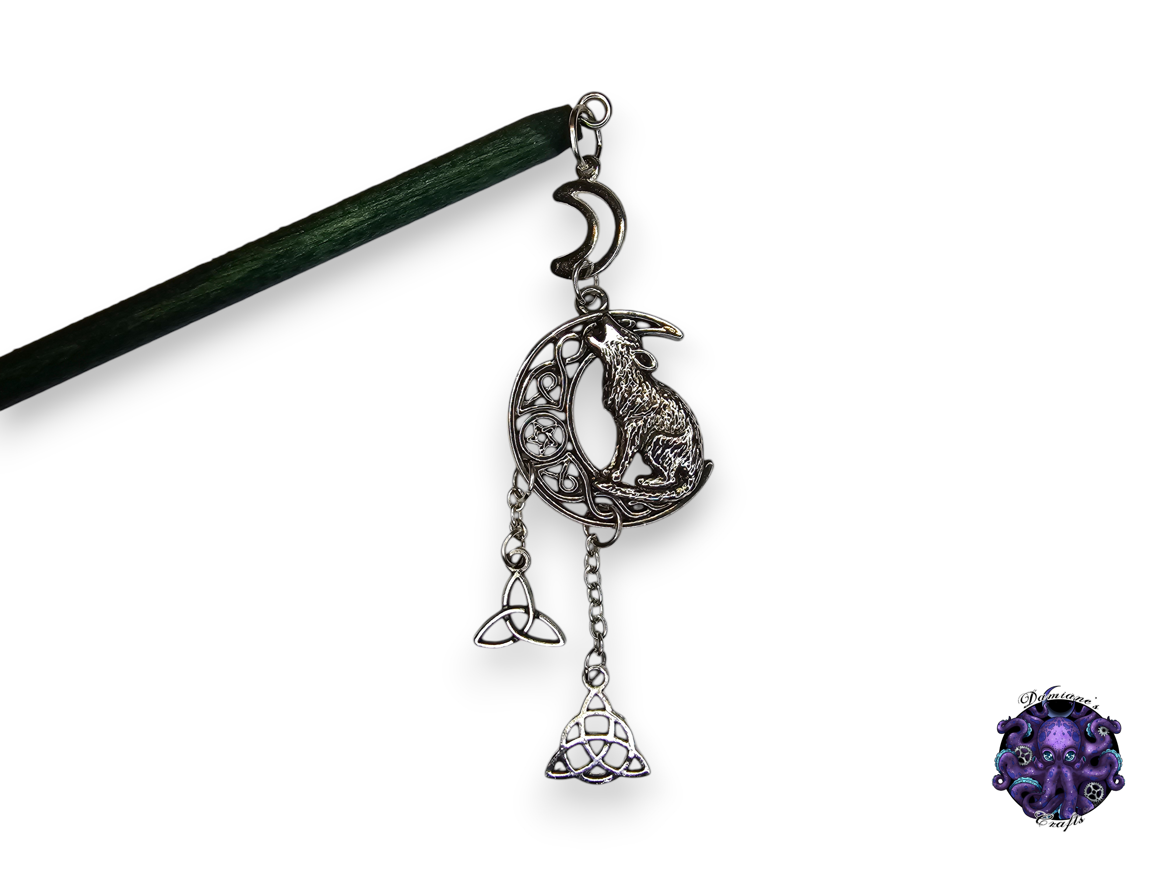 Wood hair stick, Wolf, Crescent moon, triketra, celtic, magic, witch, witch, cottagecore, fairycore, mode accessory