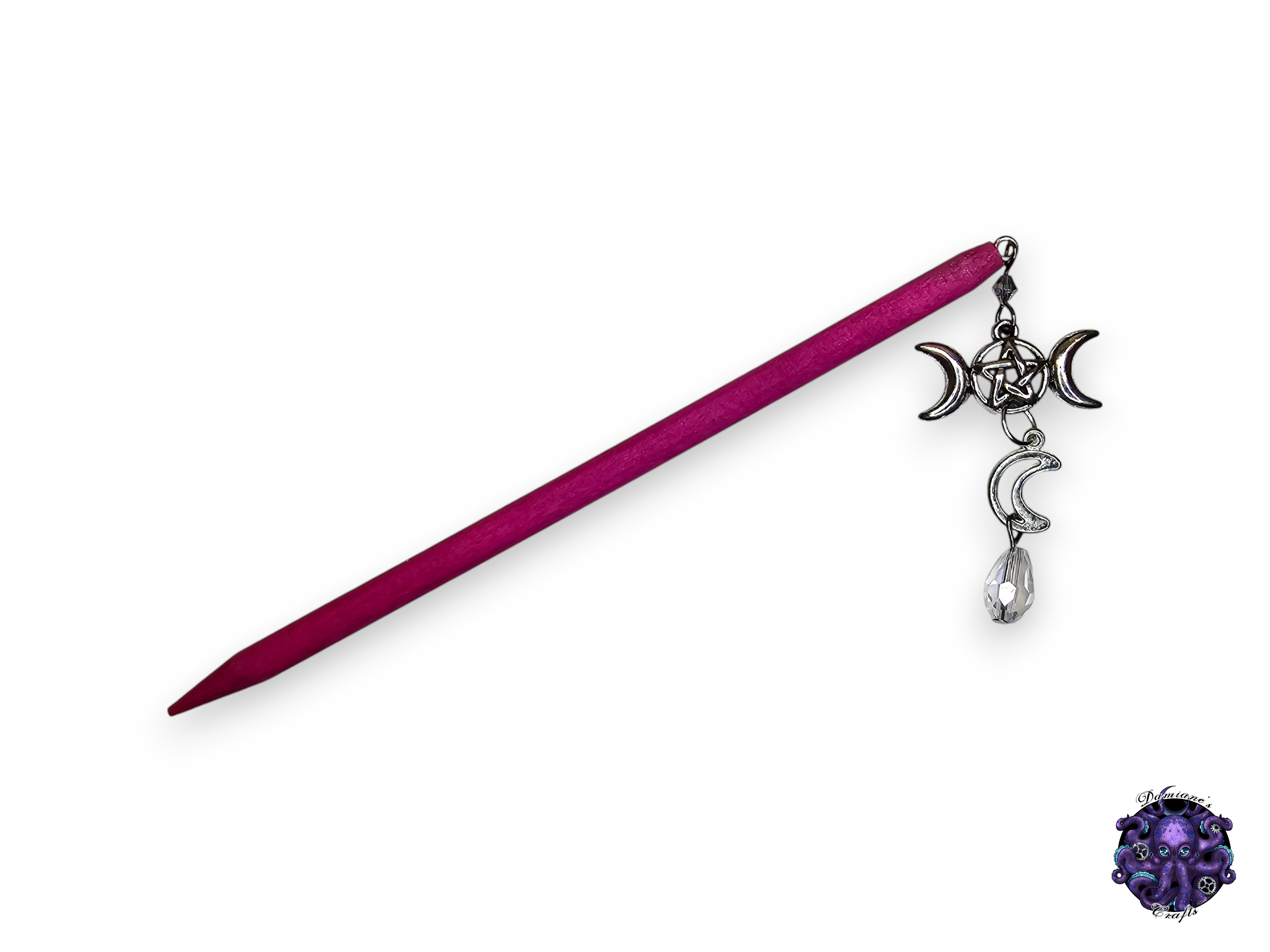 Wood hair stick, Crescent moon, Moon phase, pentagram, pentacle, crystal, magic, witch, witch, cottagecore, fairycore, mode accessory