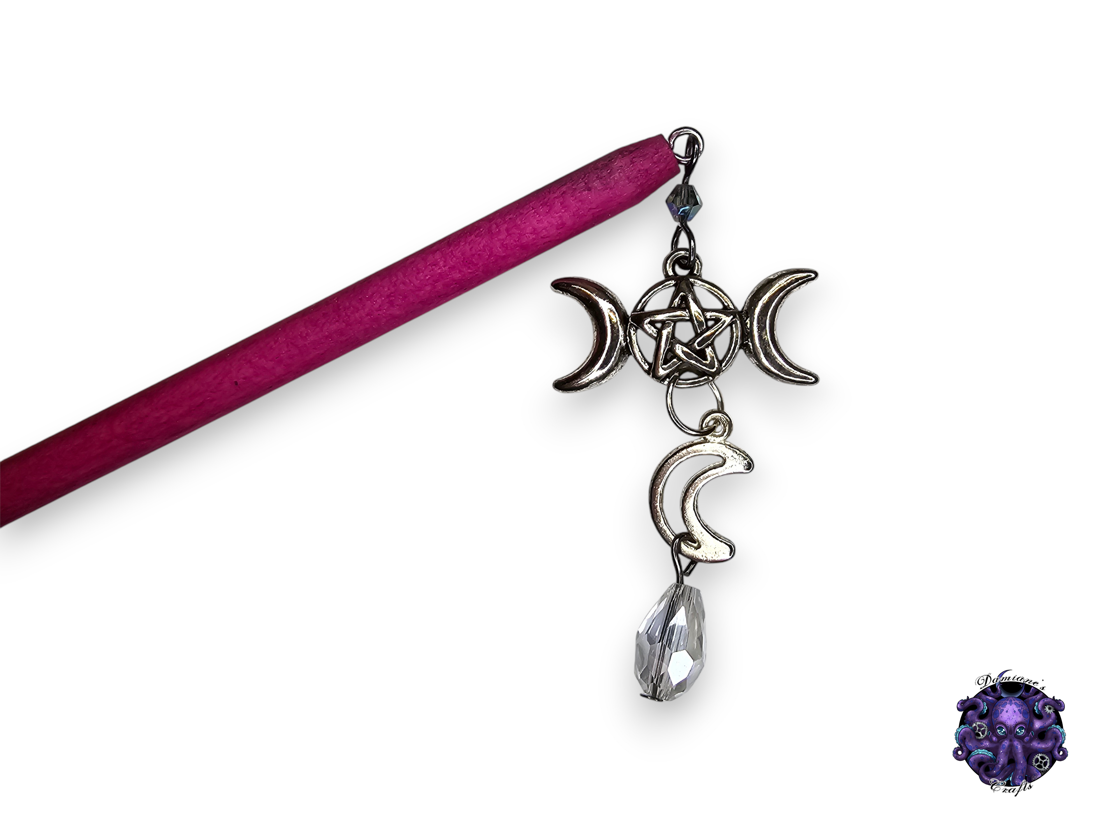 Wood hair stick, Crescent moon, Moon phase, pentagram, pentacle, crystal, magic, witch, witch, cottagecore, fairycore, mode accessory