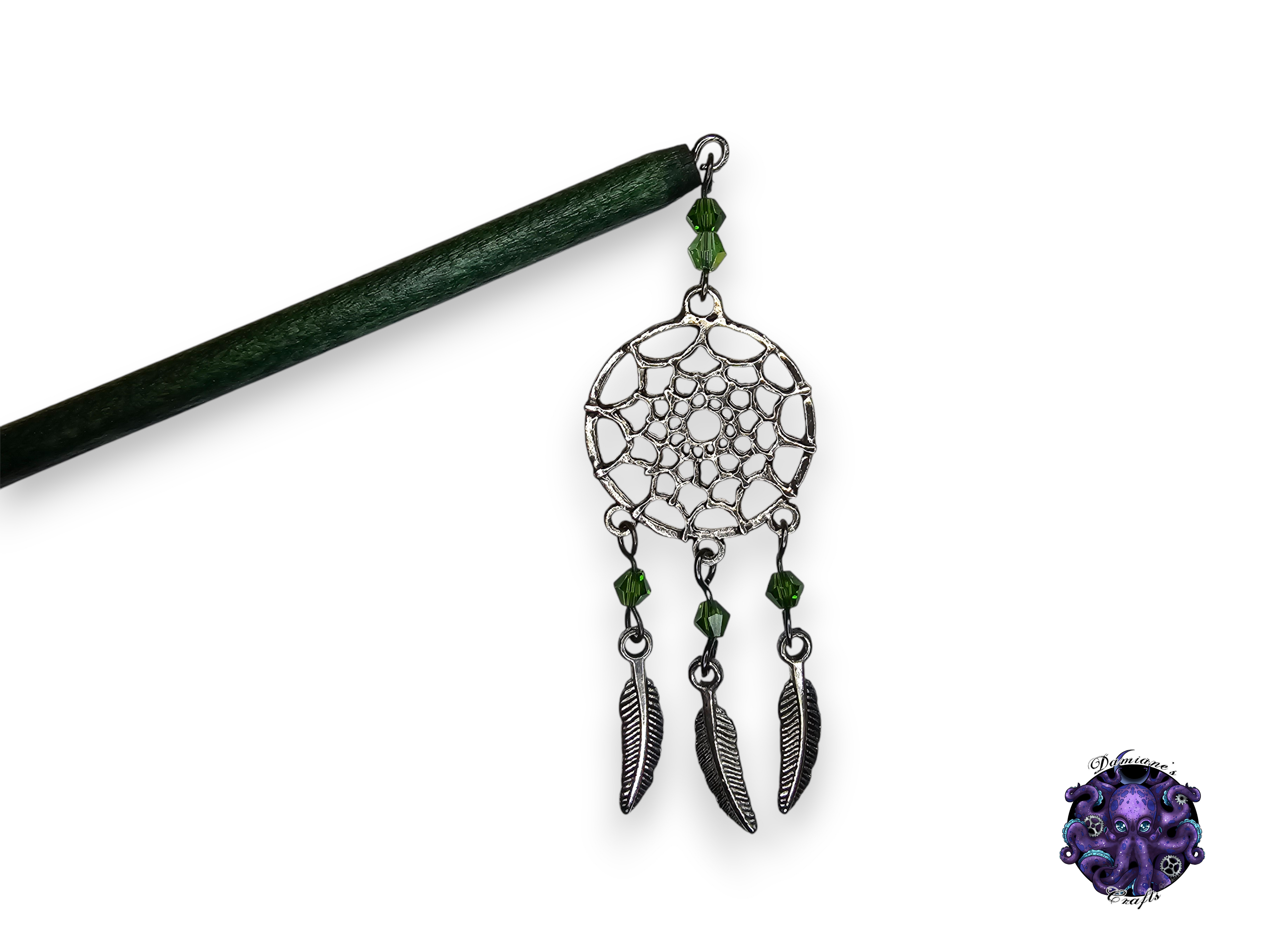 Wood hair stick, Dreamcatcher, feather, crystal, magic, witch, witch, cottagecore, fairycore, mode accessory