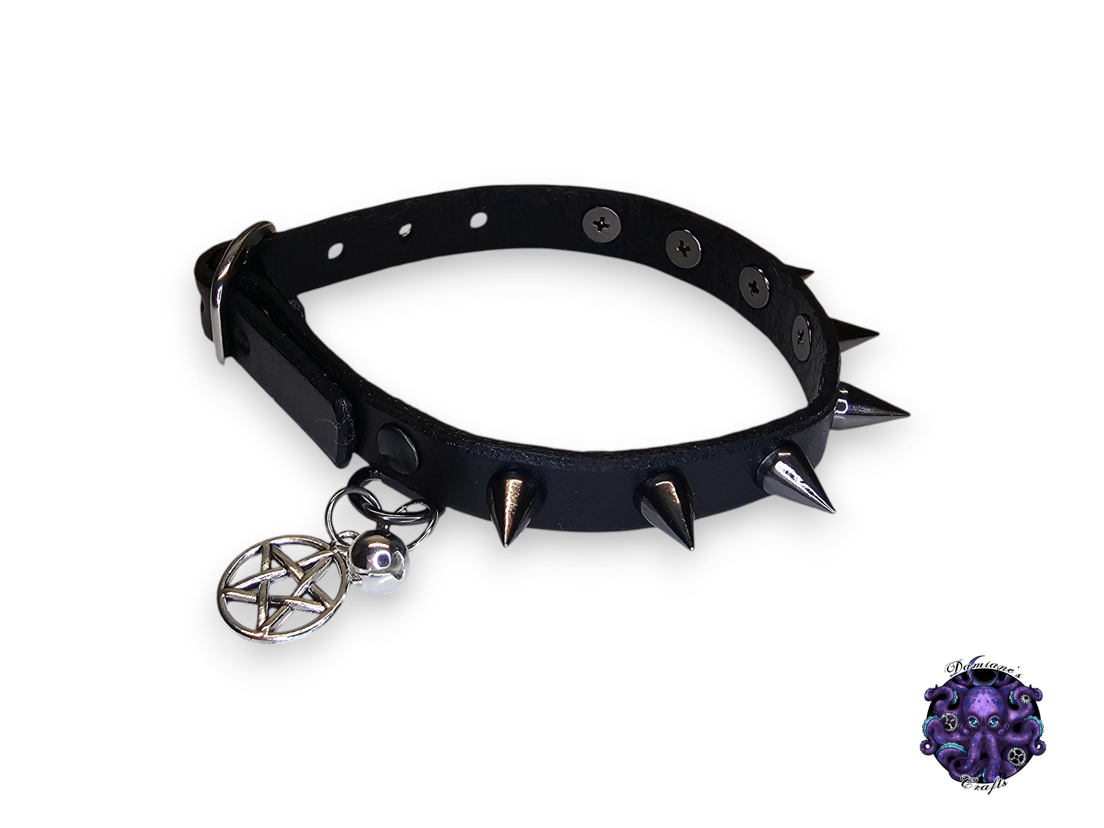 Real leather, Cat collar, ombre, Spikes, charm, bell, magic, pentagram, moon