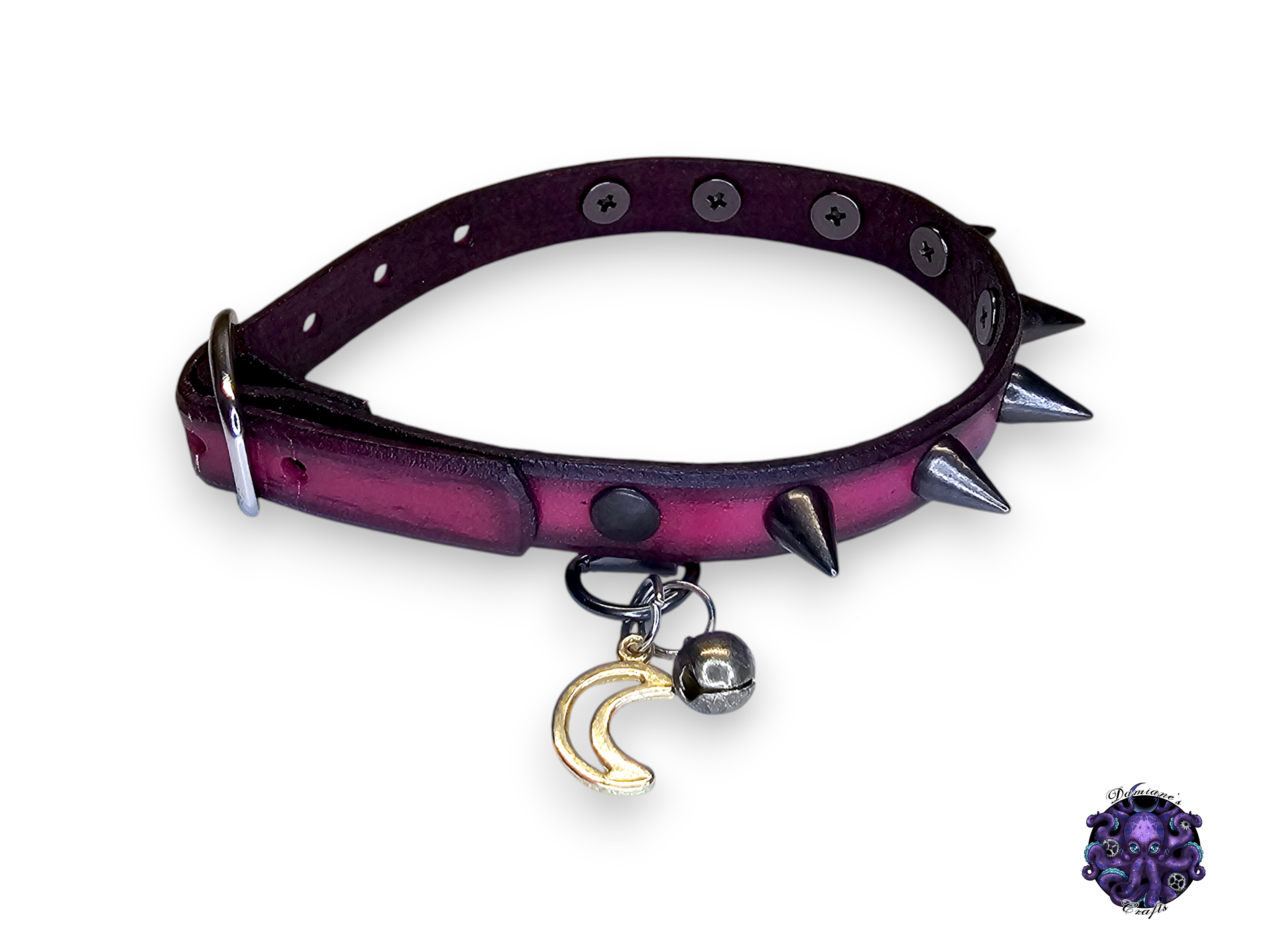 Real leather, Cat collar, ombre, Spikes, charm, bell, magic, pentagram, moon