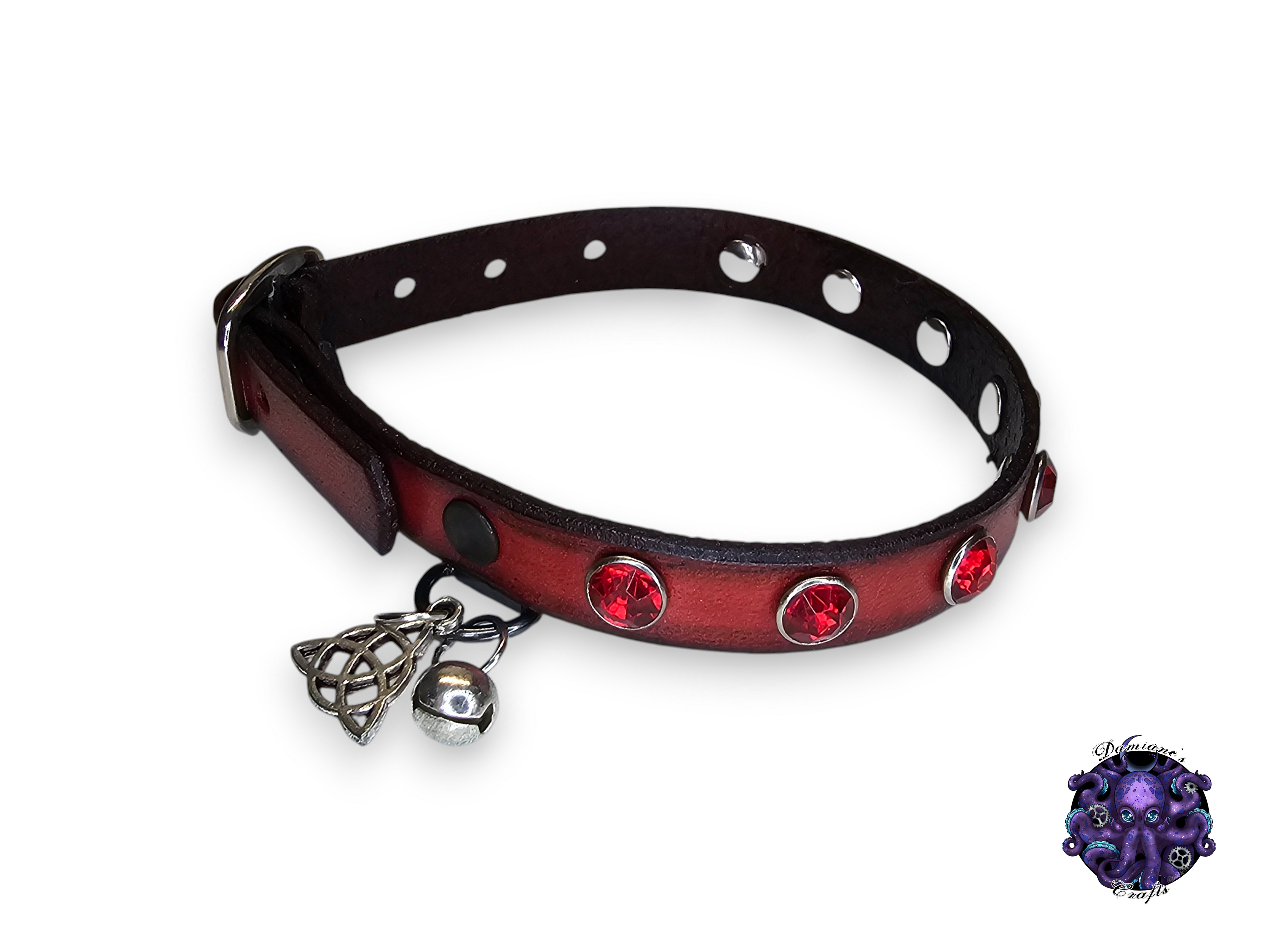 Real leather, Cat collar, ombre, fake crystals, charm, magic, pentagram, moon