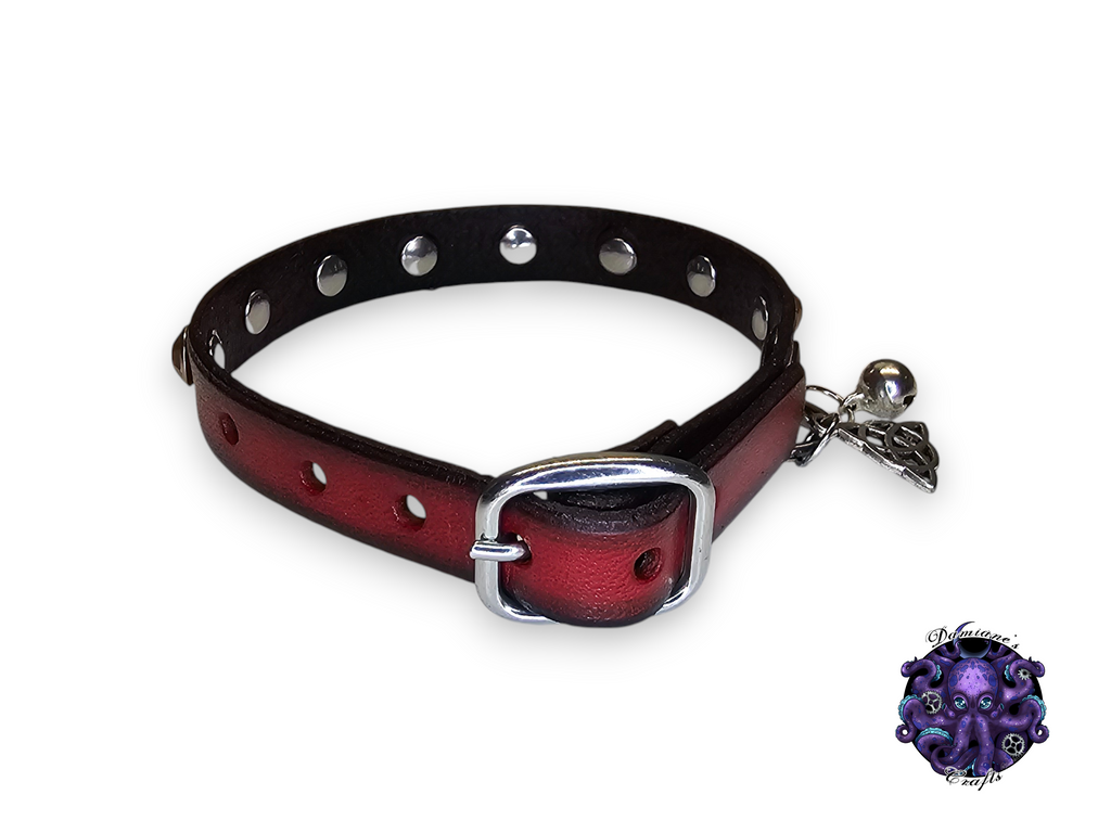 Real leather, Cat collar, ombre, fake crystals, charm, magic, pentagram, moon