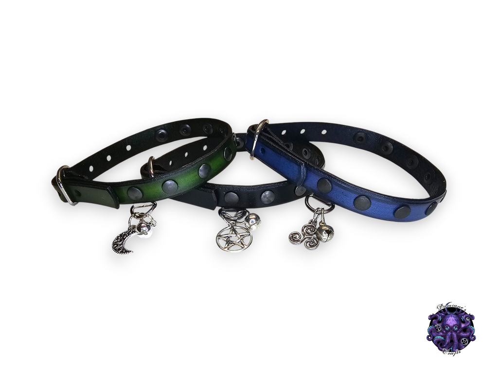 Real leather, Cat collar, ombre, rivet, charm, magic, pentagram, moon