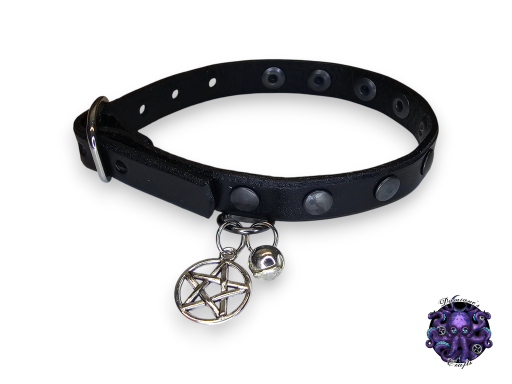 Real leather, Cat collar, ombre, rivet, charm, magic, pentagram, moon