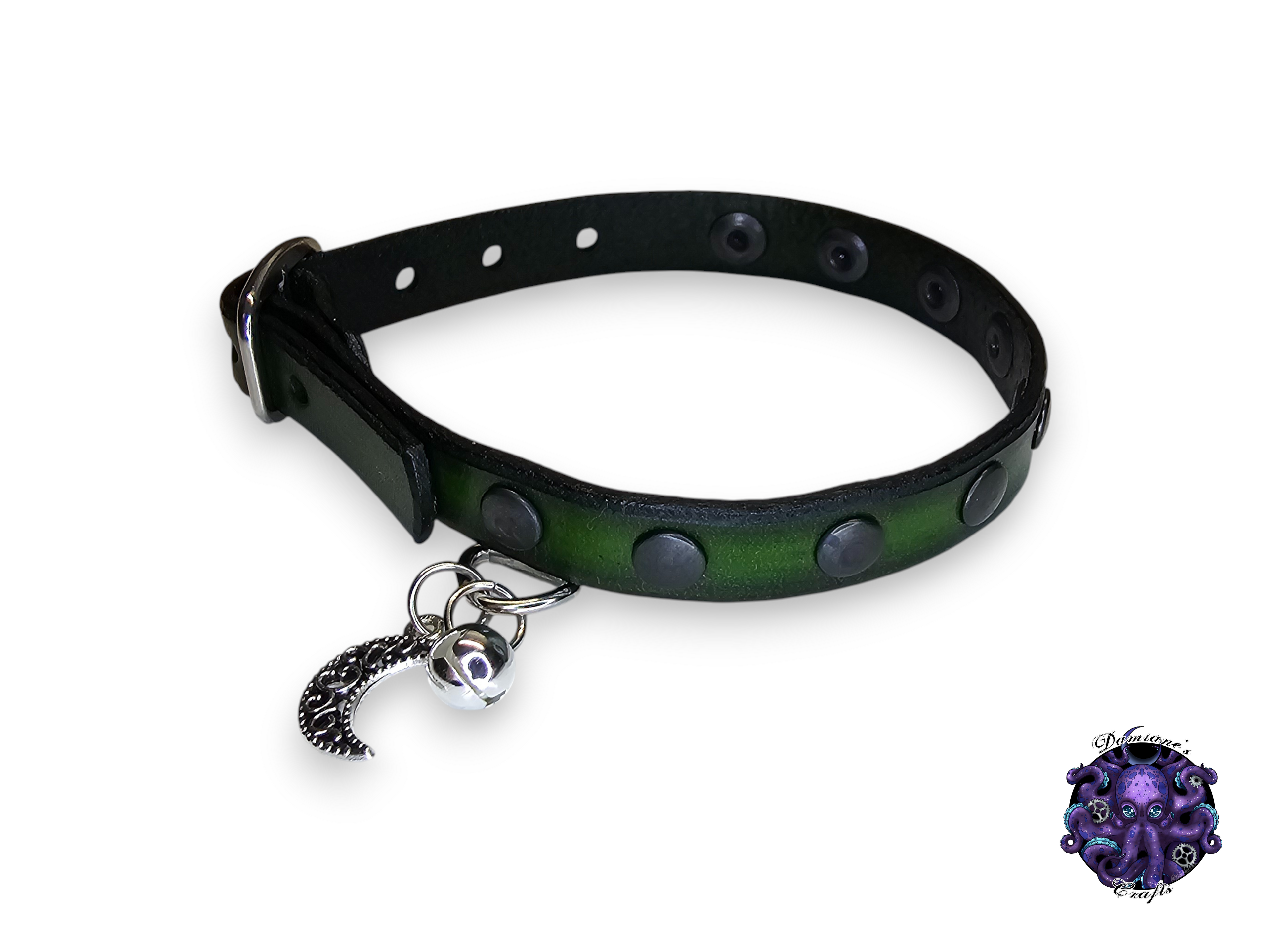 Real leather, Cat collar, ombre, rivet, charm, magic, pentagram, moon