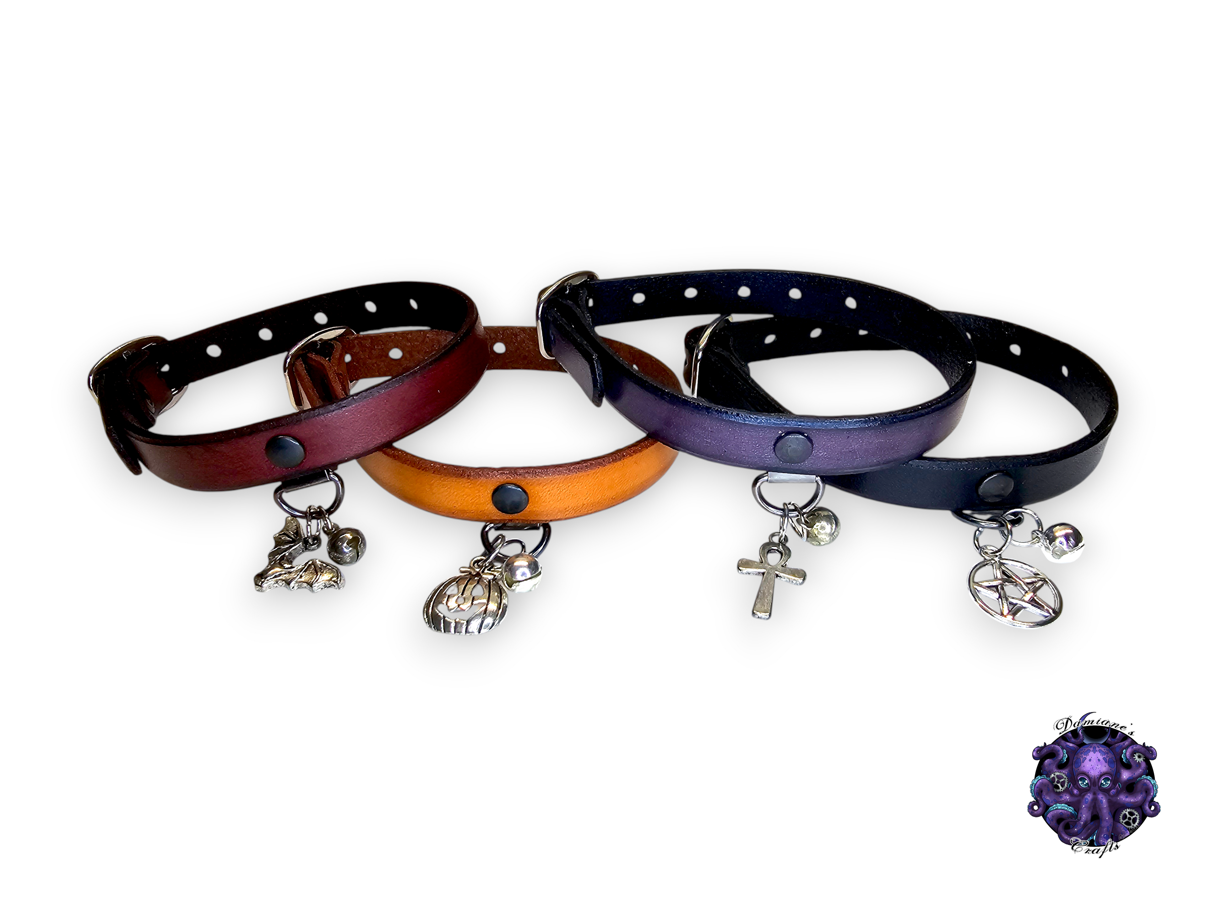Real leather, Cat collar, ombre, charm, magic, pentagram, moon