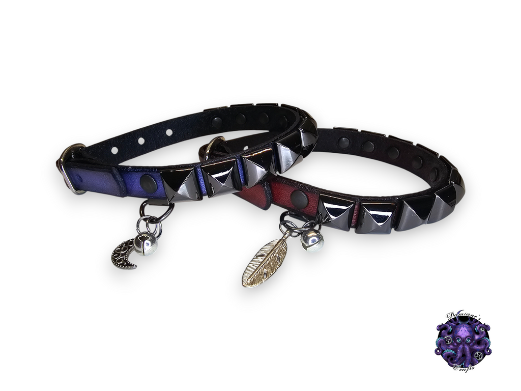 Real leather, Cat collar, ombre, pyramid, charm, magic, pentagram, moon