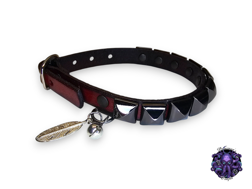 Real leather, Cat collar, ombre, pyramid, charm, magic, pentagram, moon