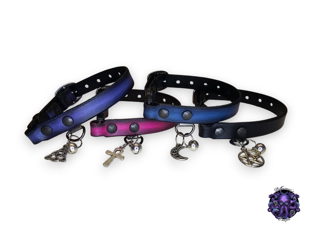 Real leather, Cat collar, ombre, security clip, charm, magic, pentagram, moon