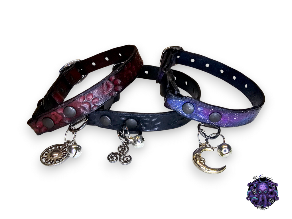 Real leather, Cat collar, ombre, paw print, security clip, charm, magic, pentagram, moon