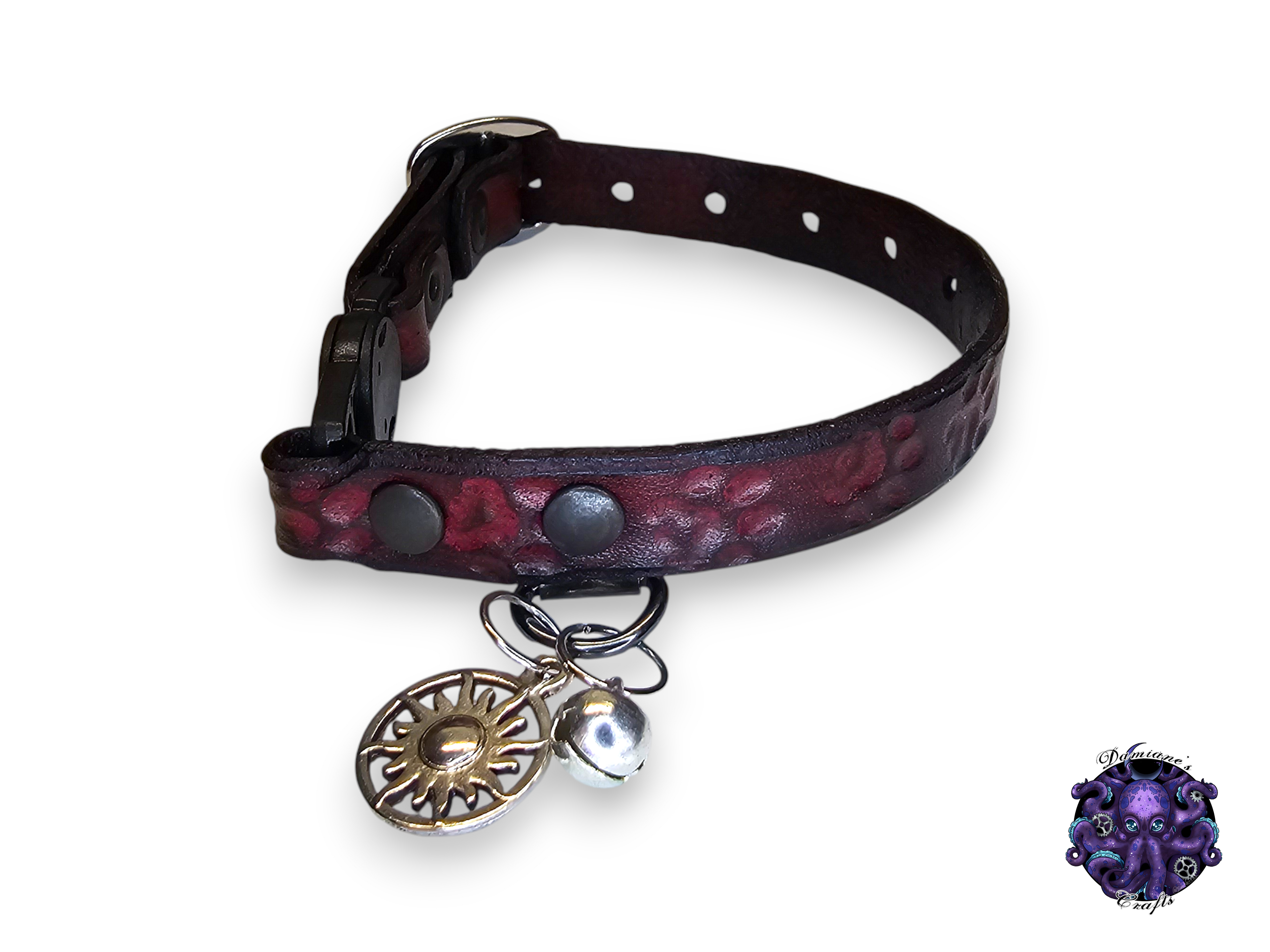 Real leather, Cat collar, ombre, paw print, security clip, charm, magic, pentagram, moon