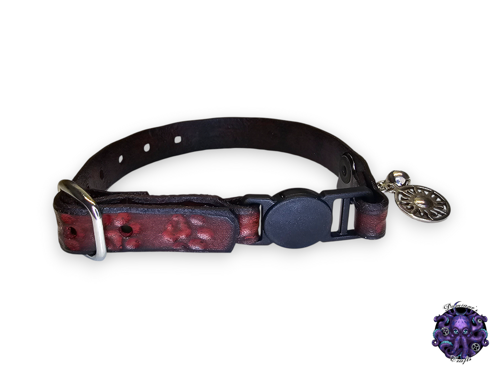 Real leather, Cat collar, ombre, paw print, security clip, charm, magic, pentagram, moon