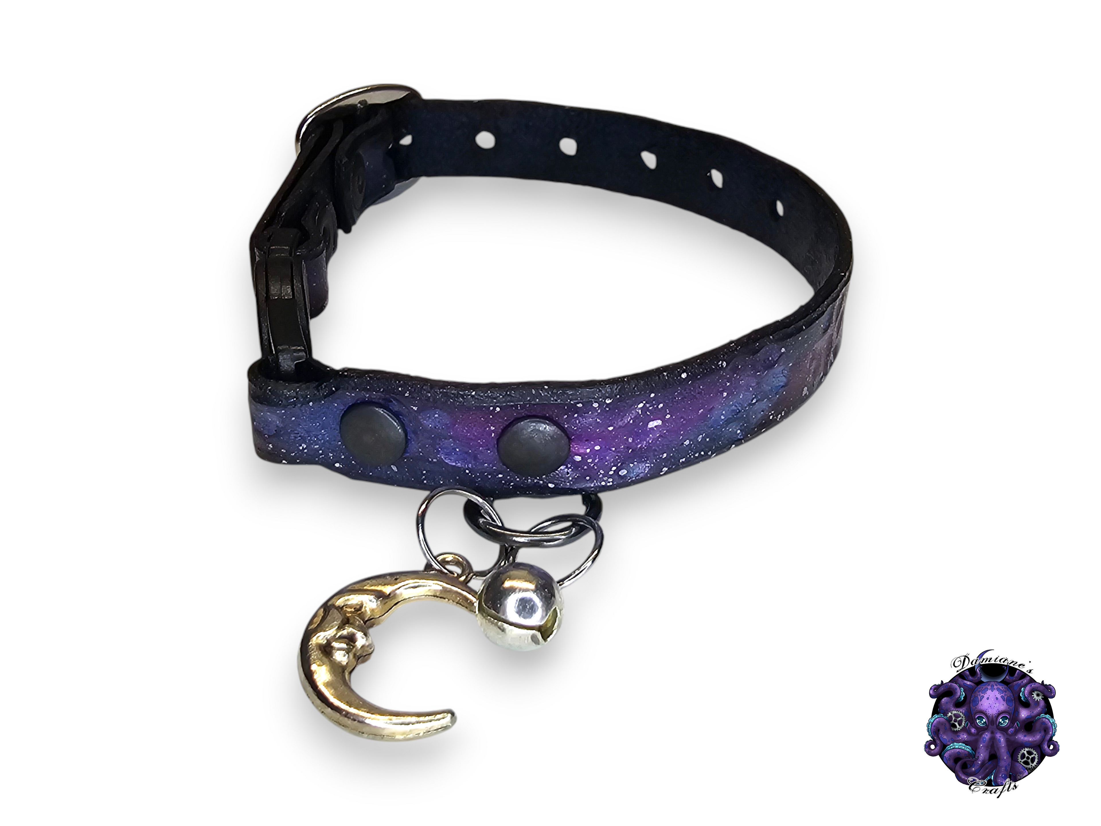 Real leather, Cat collar, ombre, paw print, security clip, charm, magic, pentagram, moon