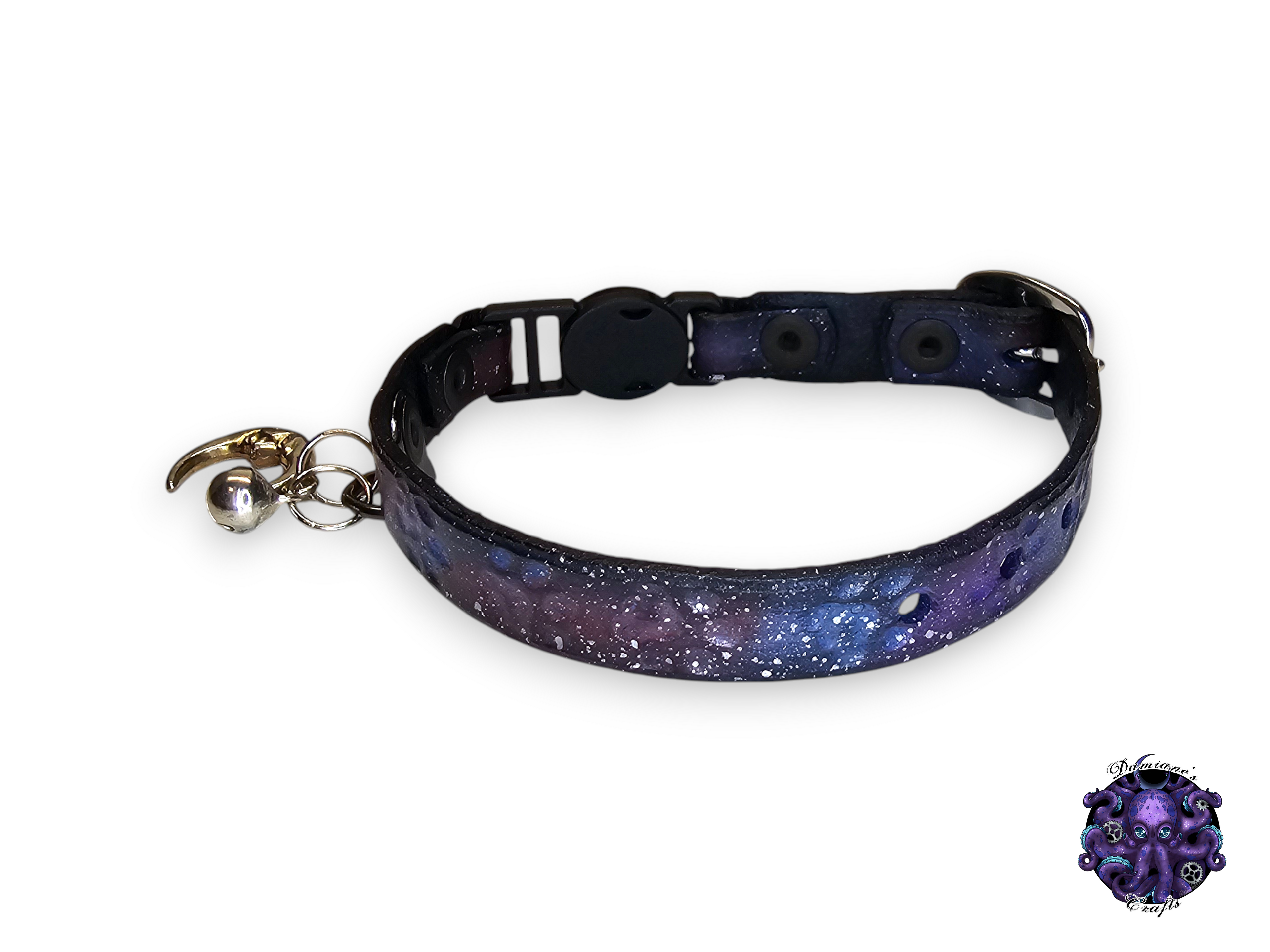 Real leather, Cat collar, ombre, paw print, security clip, charm, magic, pentagram, moon