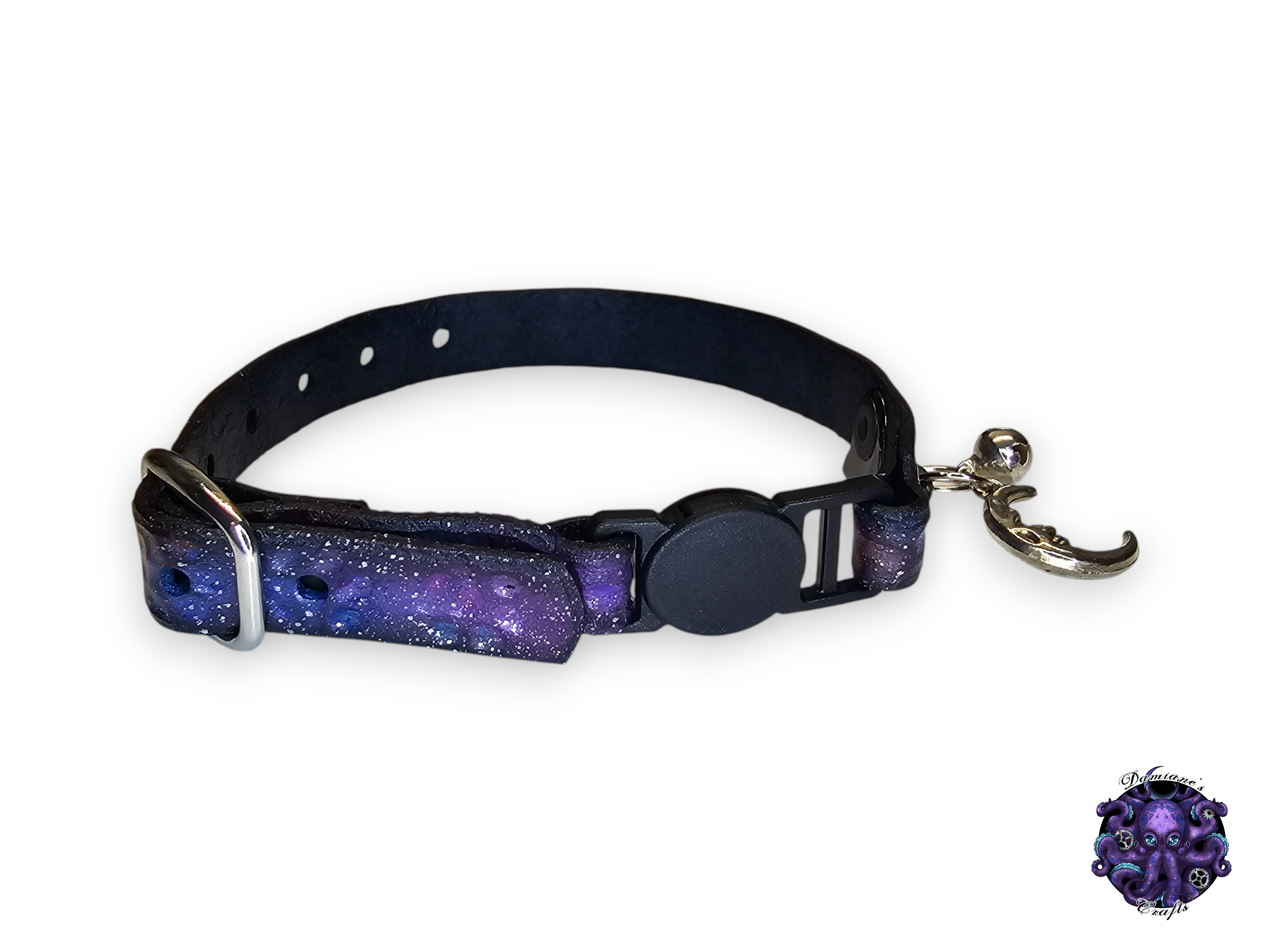 Real leather, Cat collar, ombre, paw print, security clip, charm, magic, pentagram, moon