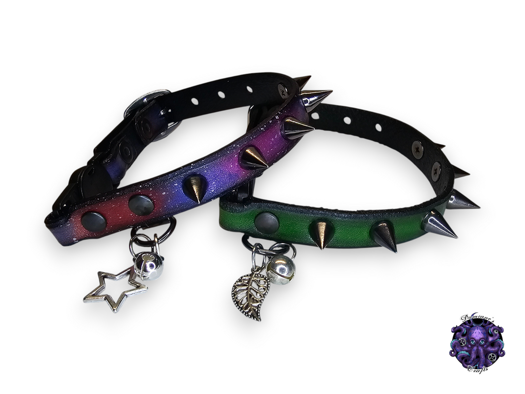 Real leather, Cat collar, ombre, spike, security clip, charm, magic, pentagram, moon
