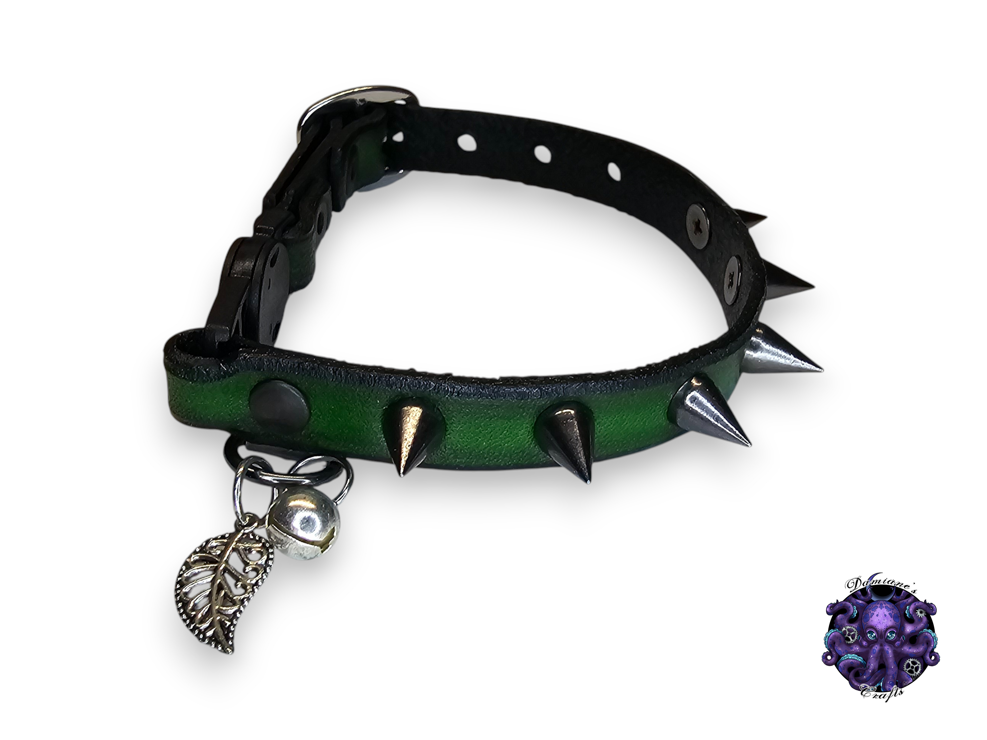 Real leather, Cat collar, ombre, spike, security clip, charm, magic, pentagram, moon