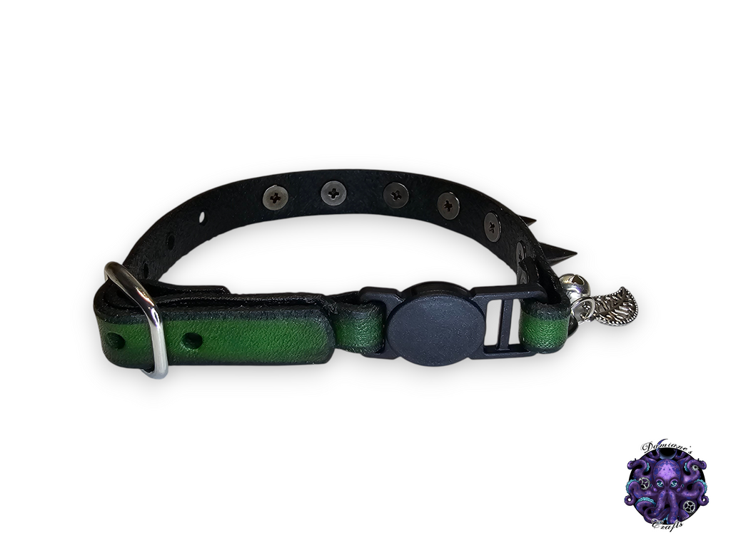 Real leather, Cat collar, ombre, spike, security clip, charm, magic, pentagram, moon