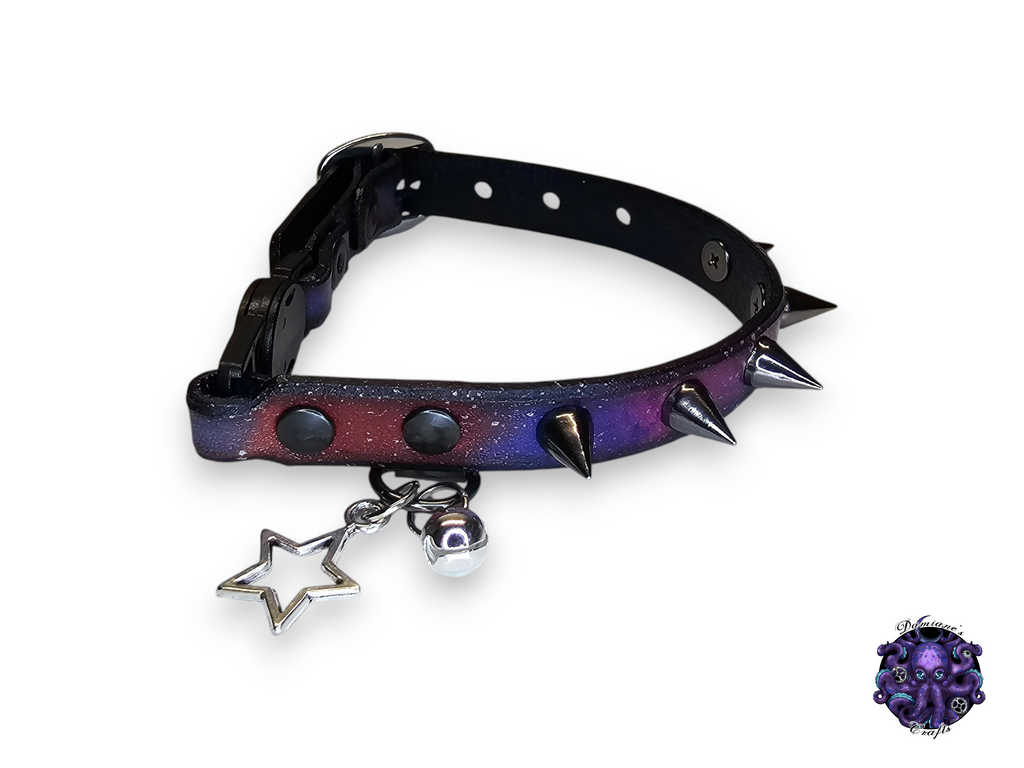 Real leather, Cat collar, ombre, spike, security clip, charm, magic, pentagram, moon