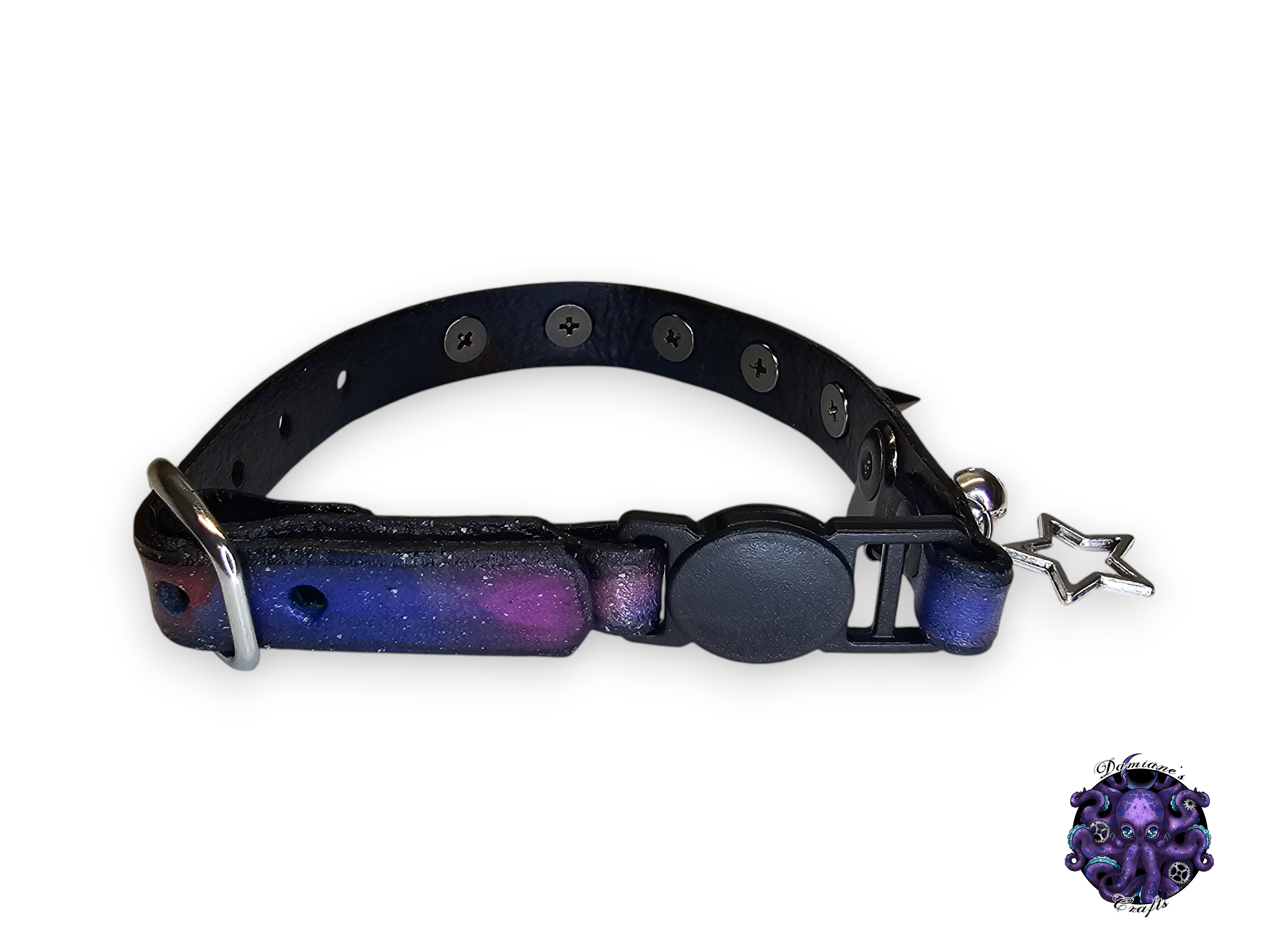 Real leather, Cat collar, ombre, spike, security clip, charm, magic, pentagram, moon