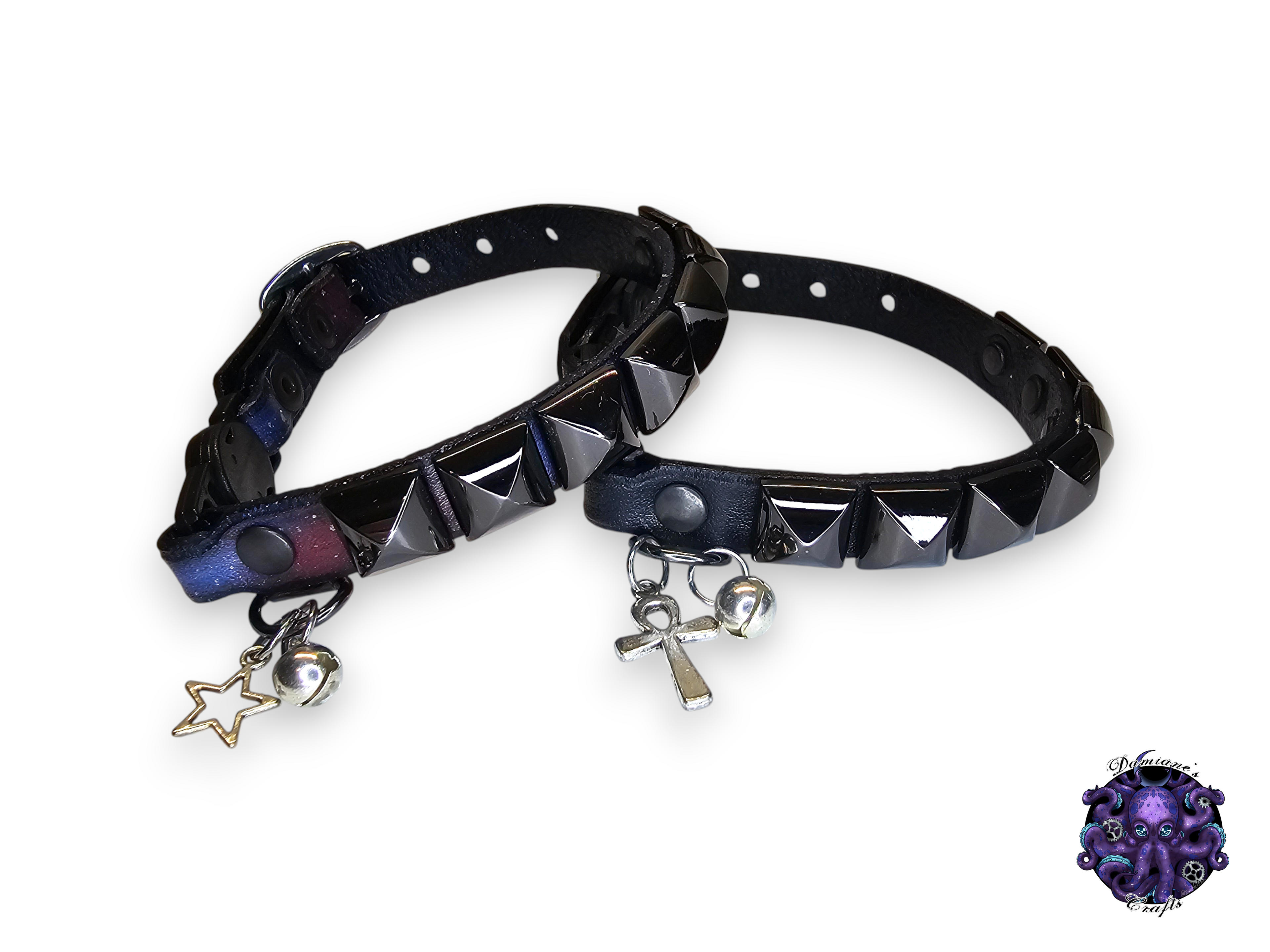 Real leather, Cat collar, ombre, pyramid, security clip, charm, magic, pentagram, moon