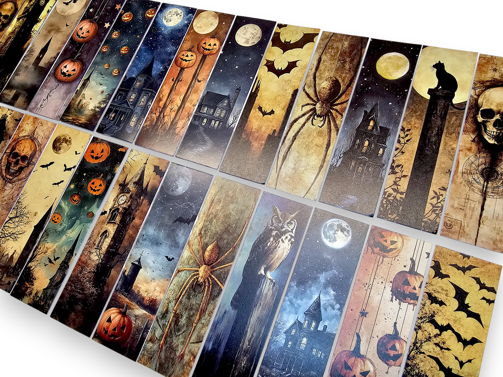Lot de 5 marque-pages en carton, pour loisirs créatifs et scrapbooking. Thèmes : sombre, Halloween, rétro, chauve-souris, citrouille, chat, araignée, manoir, gothique, aléatoire.