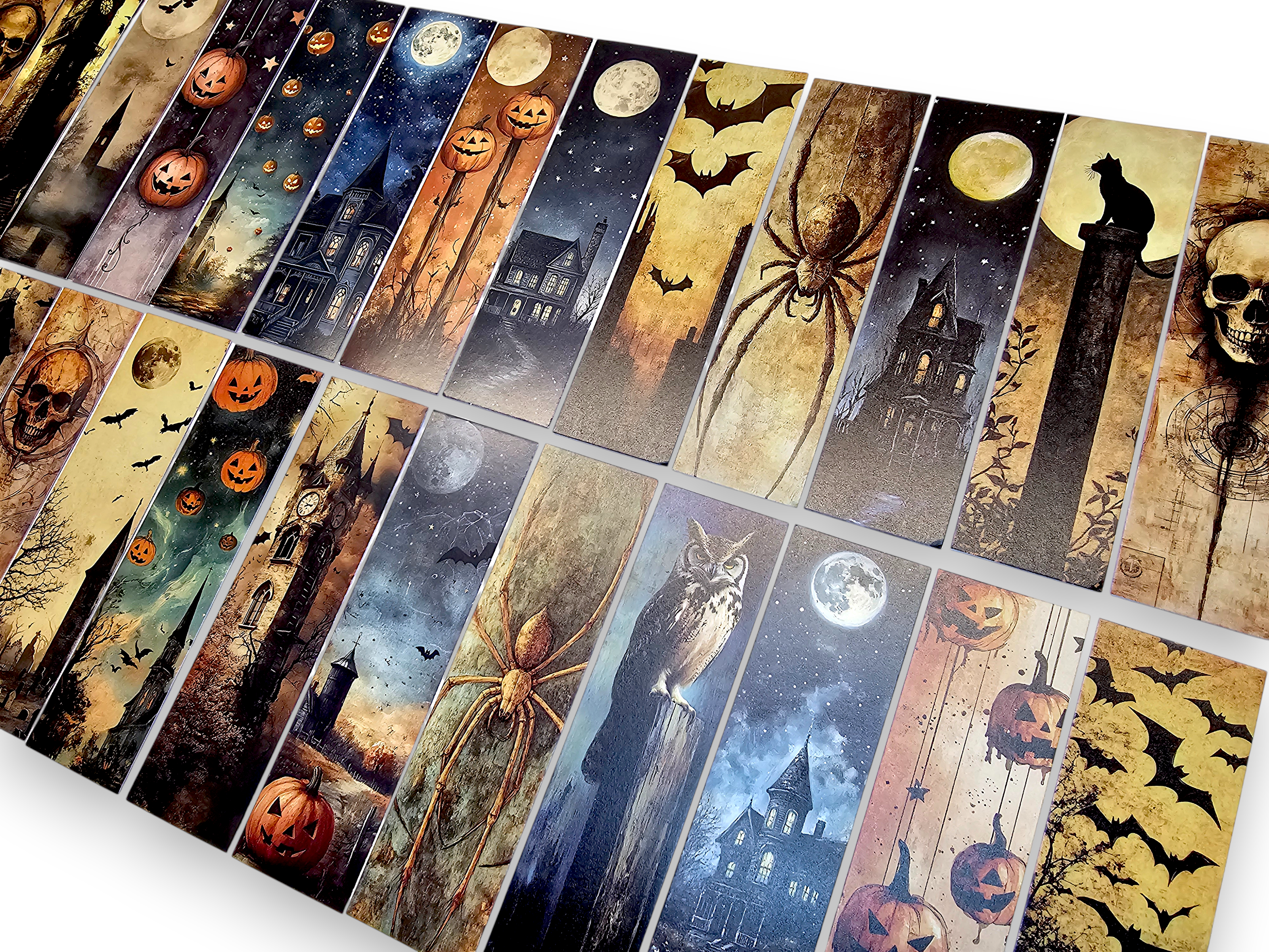 Lot de 5 marque-pages en carton, pour loisirs créatifs et scrapbooking. Thèmes : sombre, Halloween, rétro, chauve-souris, citrouille, chat, araignée, manoir, gothique, aléatoire.