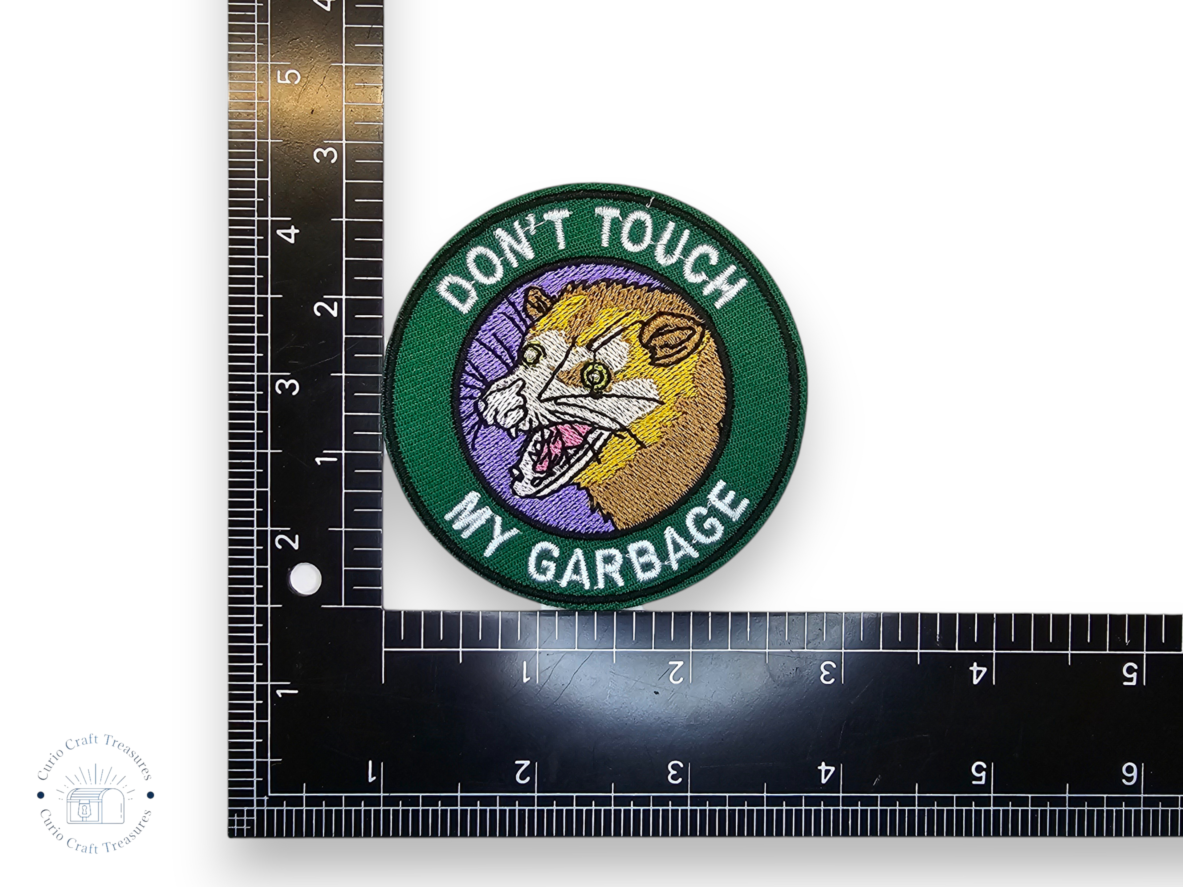 Embroided Patch, Iron on, Glue, Craft supply, Embroidery, Fabric, Raccoon, Possum, Opossum, Garbage, Chaos, Play dead, Eat the rich, Punk, Weird, crazy, trash can, trashy