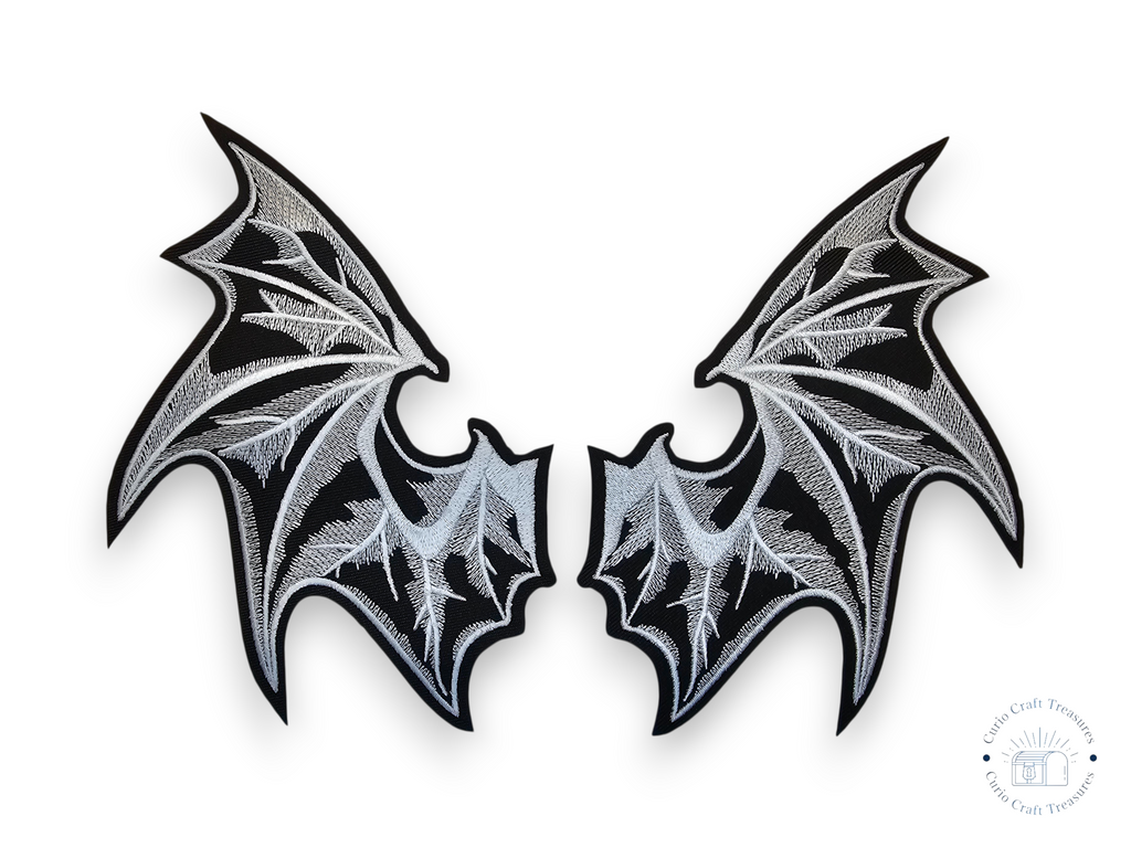 Medium, Pair, Embroided Patch, Iron on, Glue, Craft supply, Embroidery, Fabric, Bat, wings, White, Black, Gothic, Vampire, Glow in the Dark