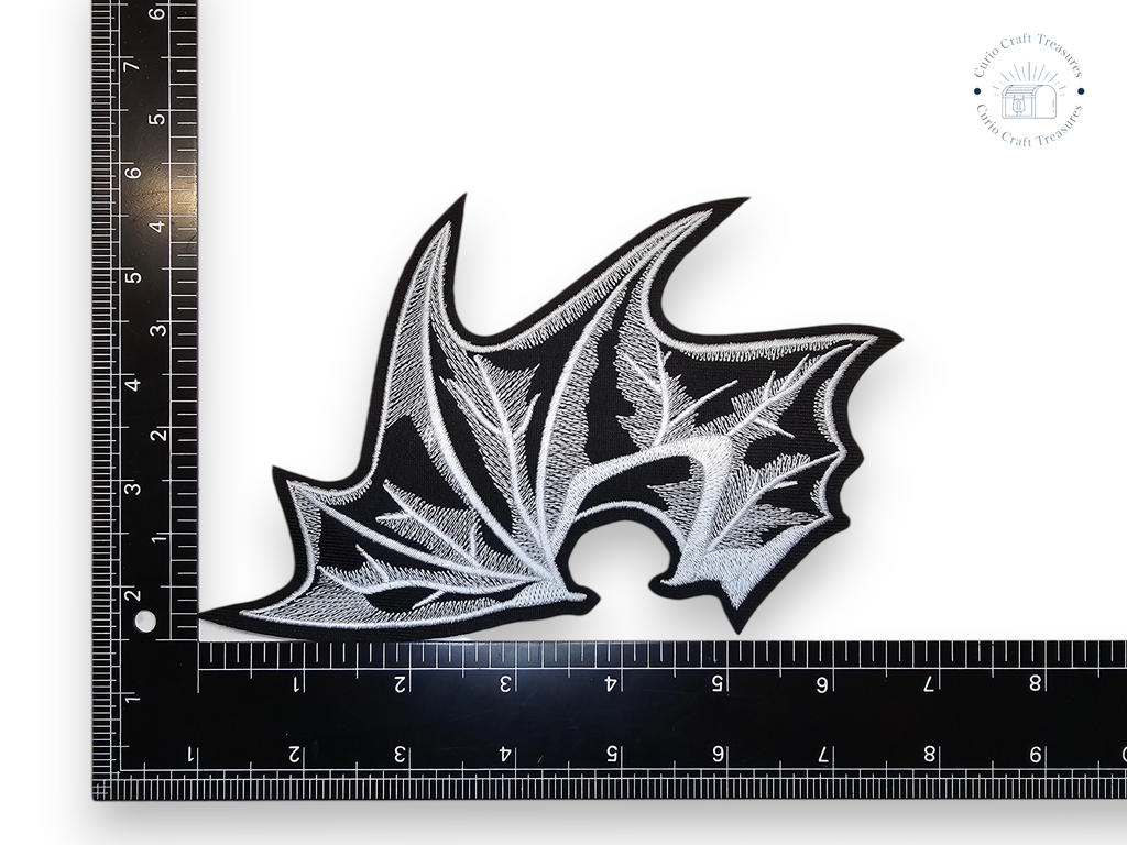 Medium, Pair, Embroided Patch, Iron on, Glue, Craft supply, Embroidery, Fabric, Bat, wings, White, Black, Gothic, Vampire, Glow in the Dark