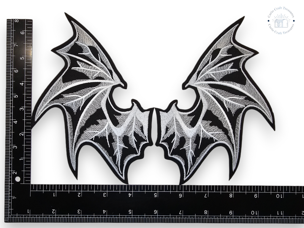 Medium, Pair, Embroided Patch, Iron on, Glue, Craft supply, Embroidery, Fabric, Bat, wings, White, Black, Gothic, Vampire, Glow in the Dark