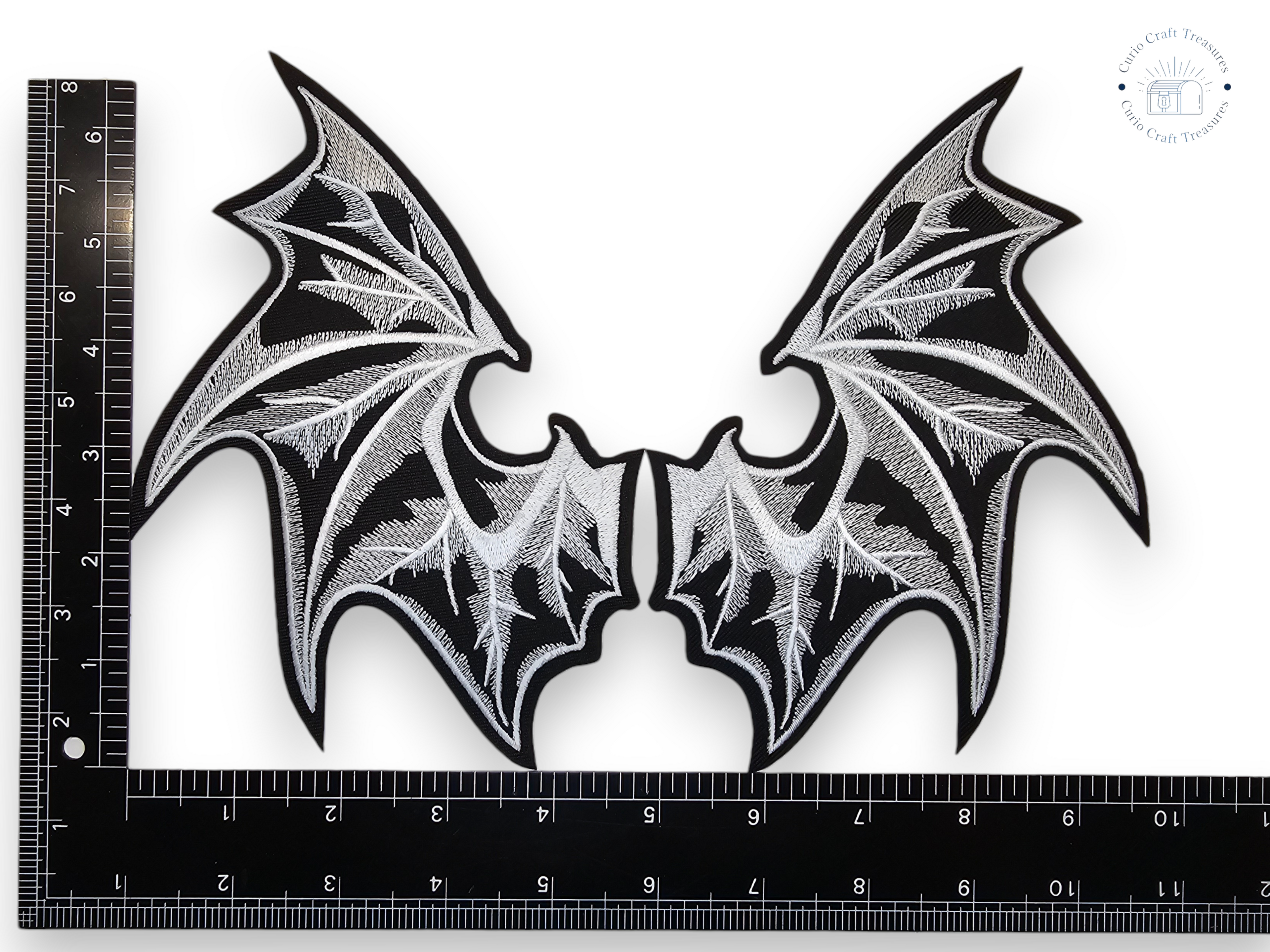 Medium, Pair, Embroided Patch, Iron on, Glue, Craft supply, Embroidery, Fabric, Bat, wings, White, Black, Gothic, Vampire, Glow in the Dark