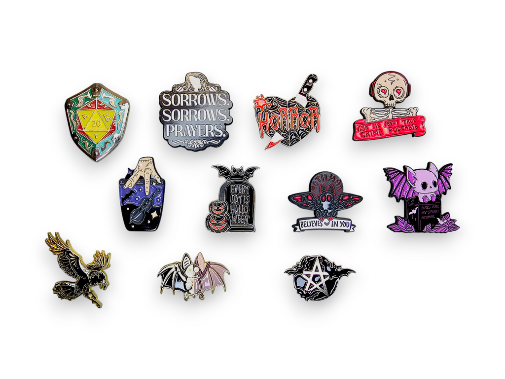 Metal Pin, Accessory, Cute, Chibi, enamel, Sorrow, Bat, Shield, D20, True crime, horror, thing, cup, tombstone, mothman, raven, pentagram