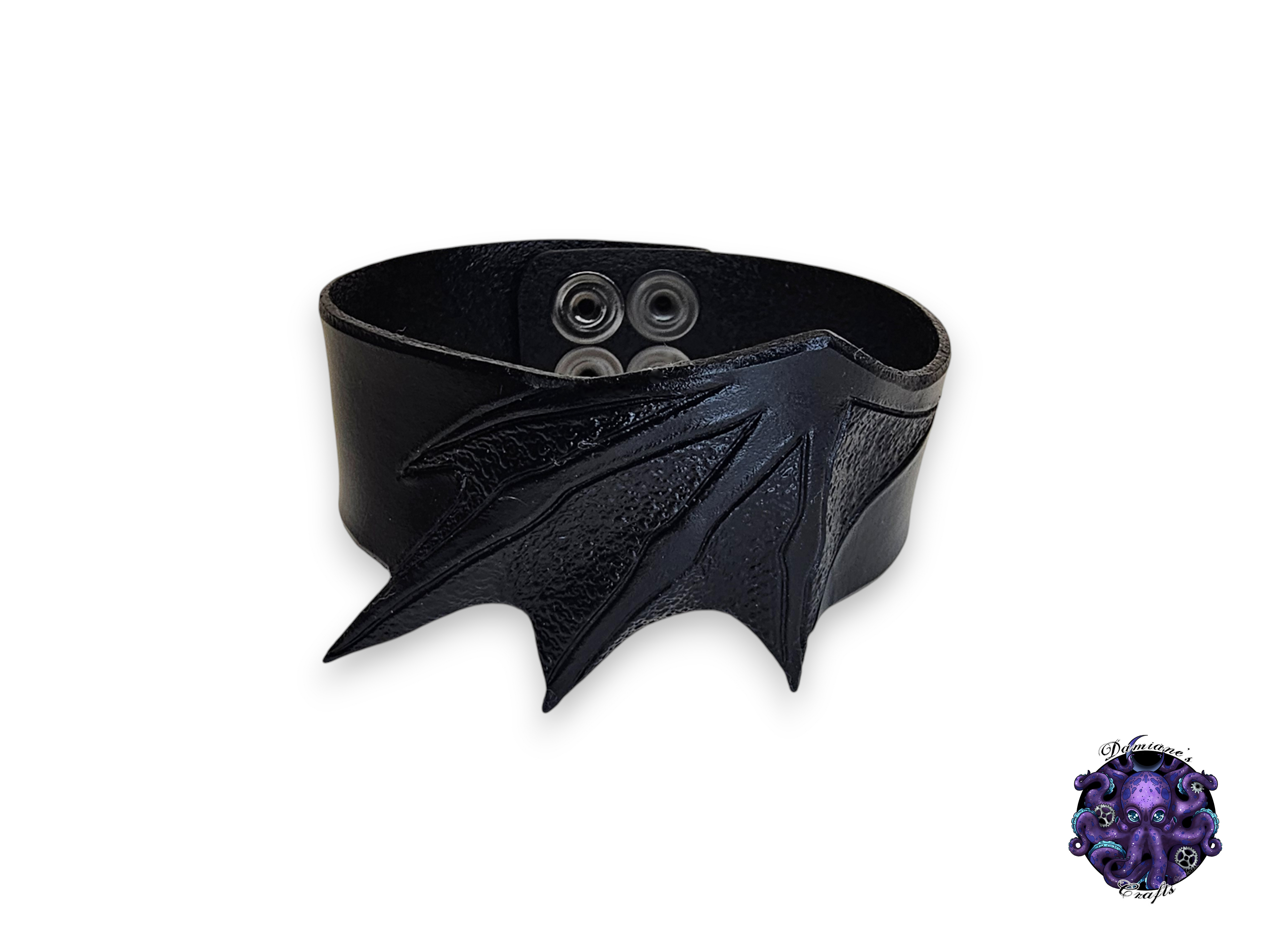 Cuero auténtico, pulsera, brazalete, brazalete, ala de murciélago, vampiro, gótico, punk, rock, metal, heavy metal, negro, accesorio de moda