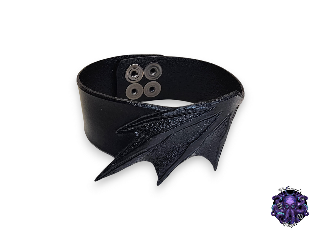 Cuero auténtico, pulsera, brazalete, brazalete, ala de murciélago, vampiro, gótico, punk, rock, metal, heavy metal, negro, accesorio de moda