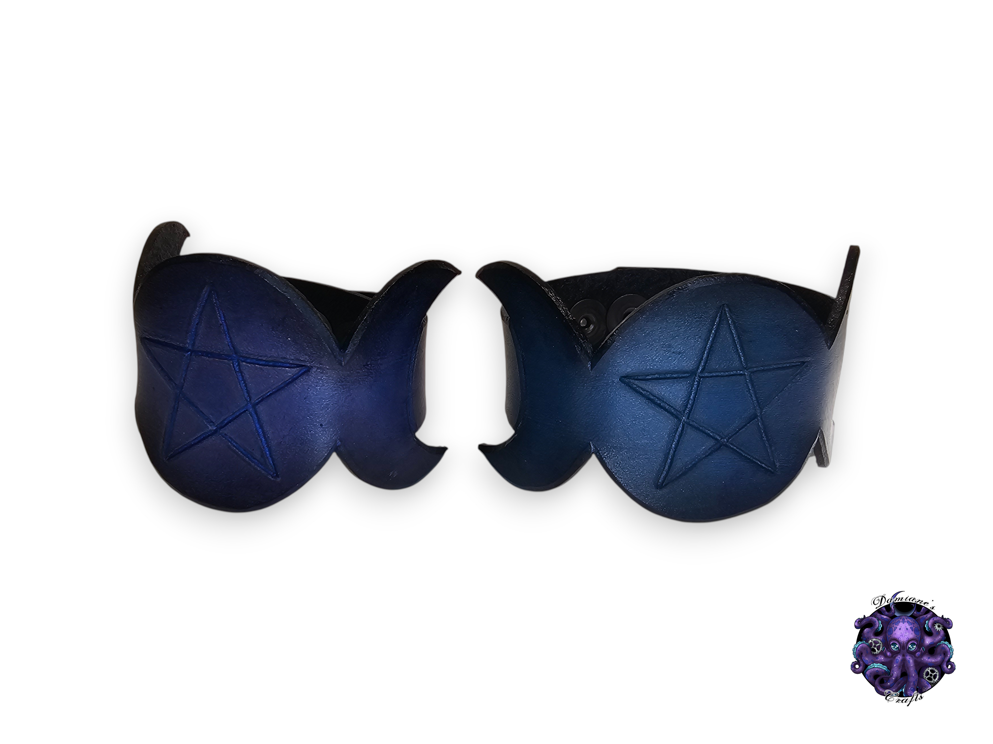 Real leather, Wristband, Wristcuff, Cuff, Bracelet, Moon phases, Pentagram, Goddess, Wicca, Witch, Witchy, gothic, punk, rock, metal, heavy metal, purple, blue, mode accessory