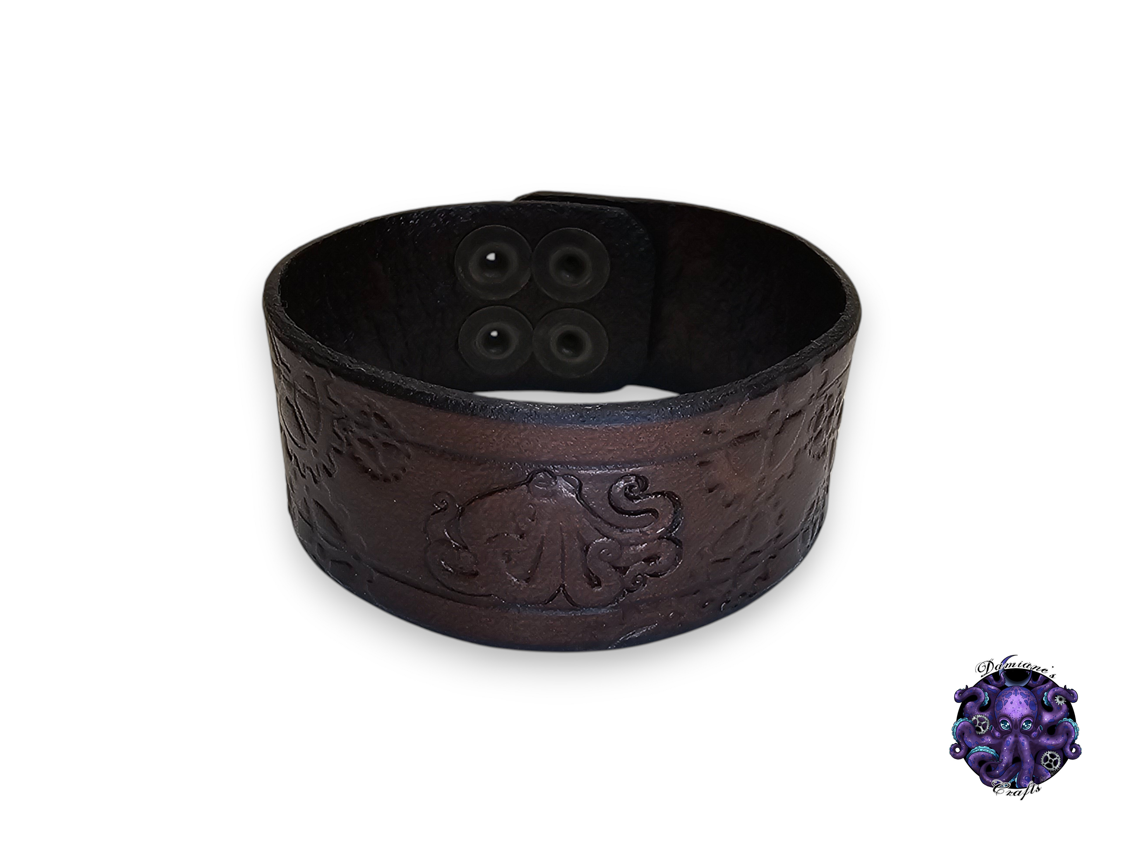 Real leather, Wristband, Wristcuff, Cuff, Bracelet, Octopus, gears, steampunk, Medieval, gothic, punk, rock, metal, heavy metal, brown, purple, mode accessory